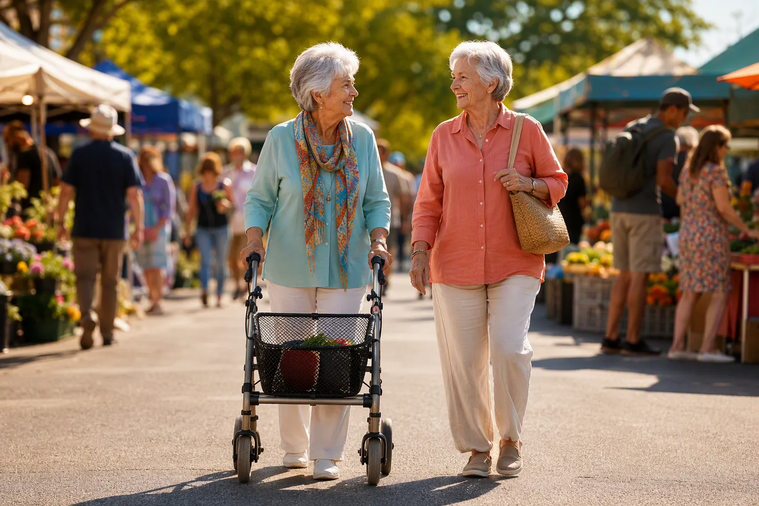 Older adult using a rollator while walking with a friend through a sunlit outdoor farmers market