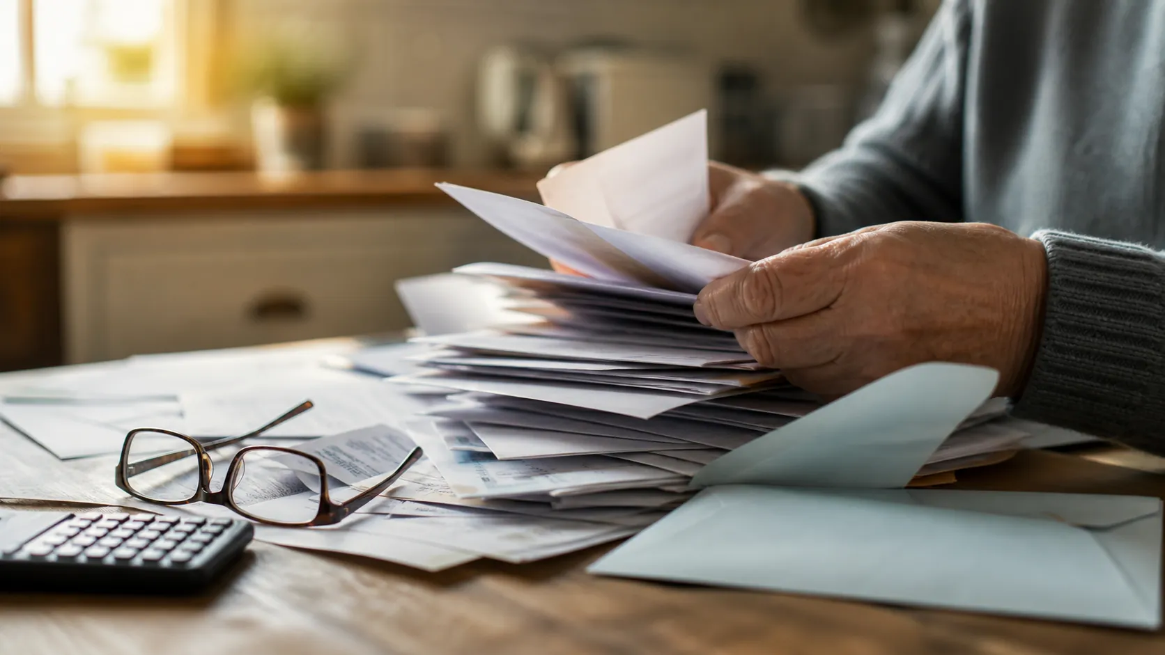 Older adult sorting mail and paper statements at a kitchen table with reading glasses and calculator nearby