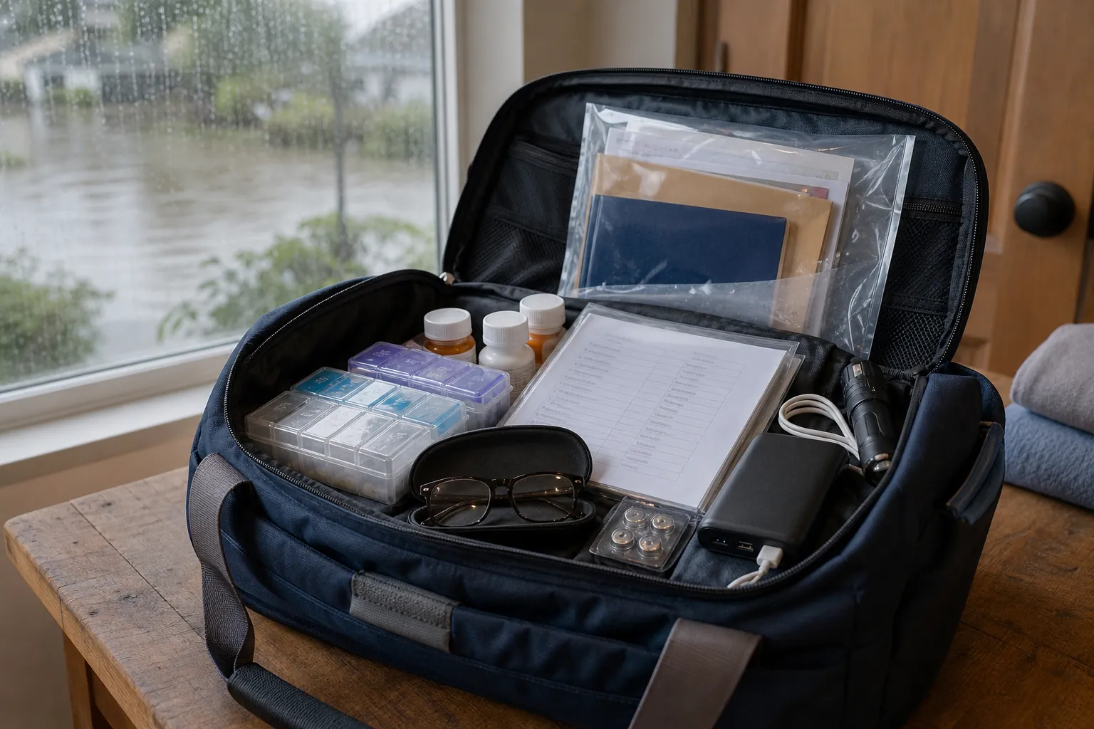 Open grab-and-go emergency duffel bag with medications, waterproof records, spare glasses, hearing-aid batteries, power bank, cables, and flashlight
