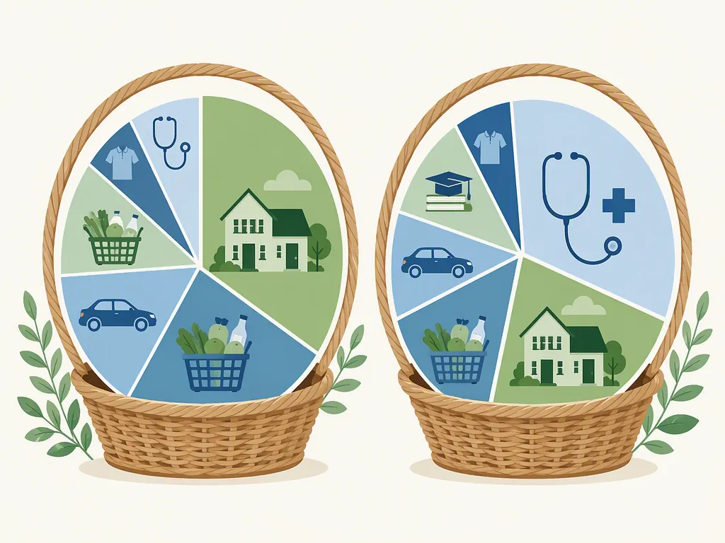 Side-by-side illustration comparing CPI-W and CPI-E spending baskets with different healthcare and housing shares