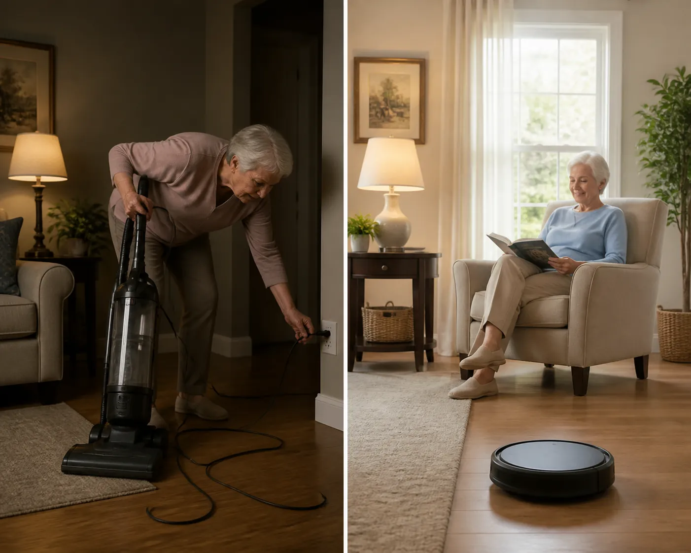 Comparison of an elderly person using a corded upright vacuum with a trailing cord and sitting safely while a robot vacuum cleans