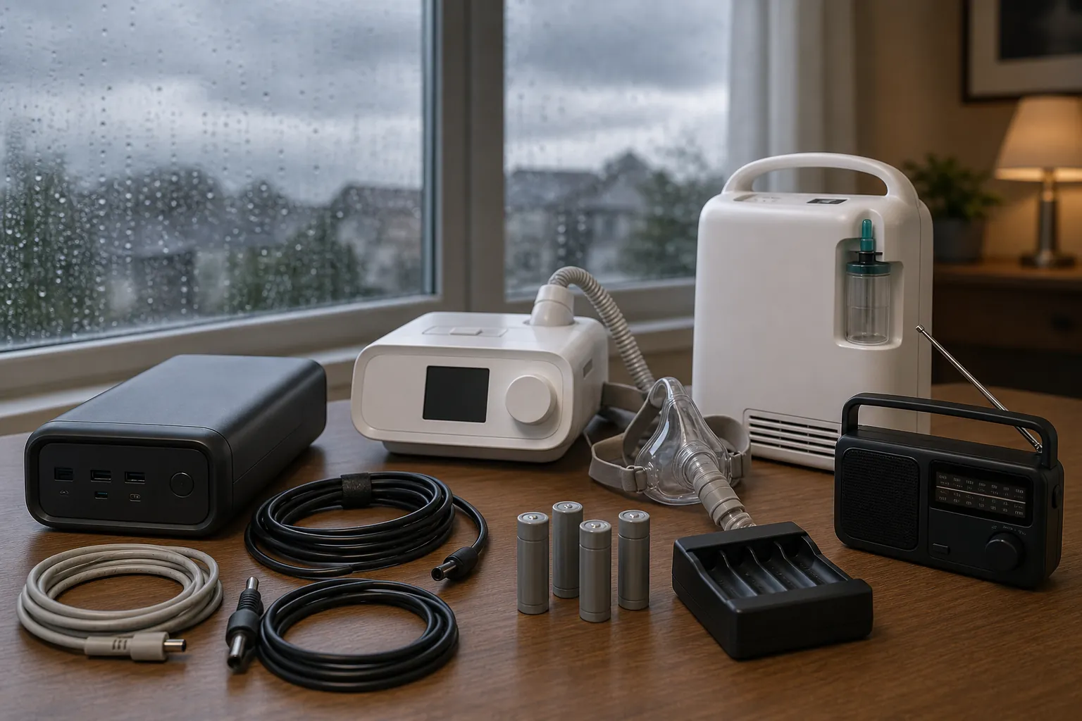 Medical-device power backup setup with power bank, charging cables, rechargeable batteries, radio, CPAP machine, and portable oxygen concentrator