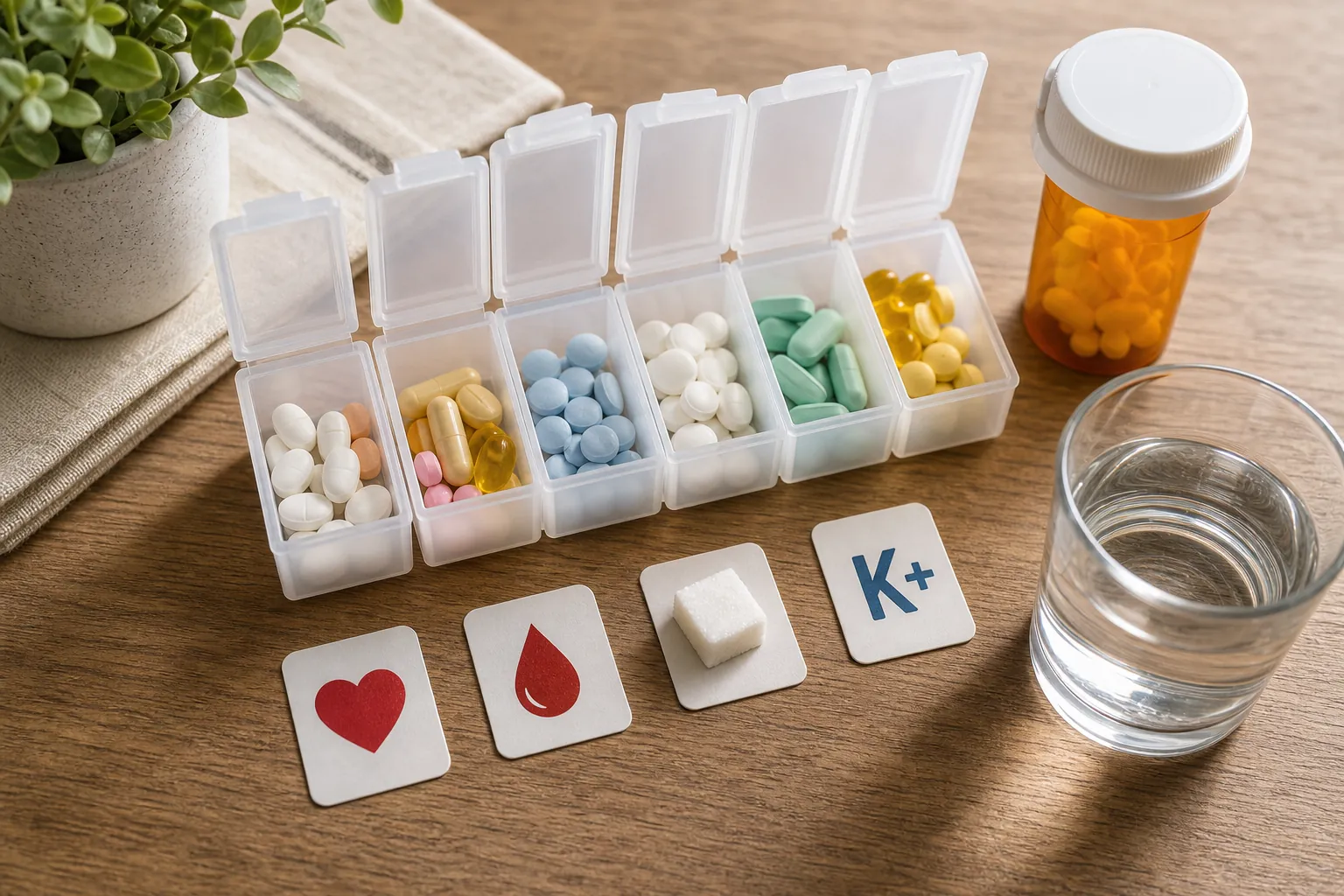 Weekly pill organizer with visual symbols for heart, blood, sugar, and potassium medication concerns