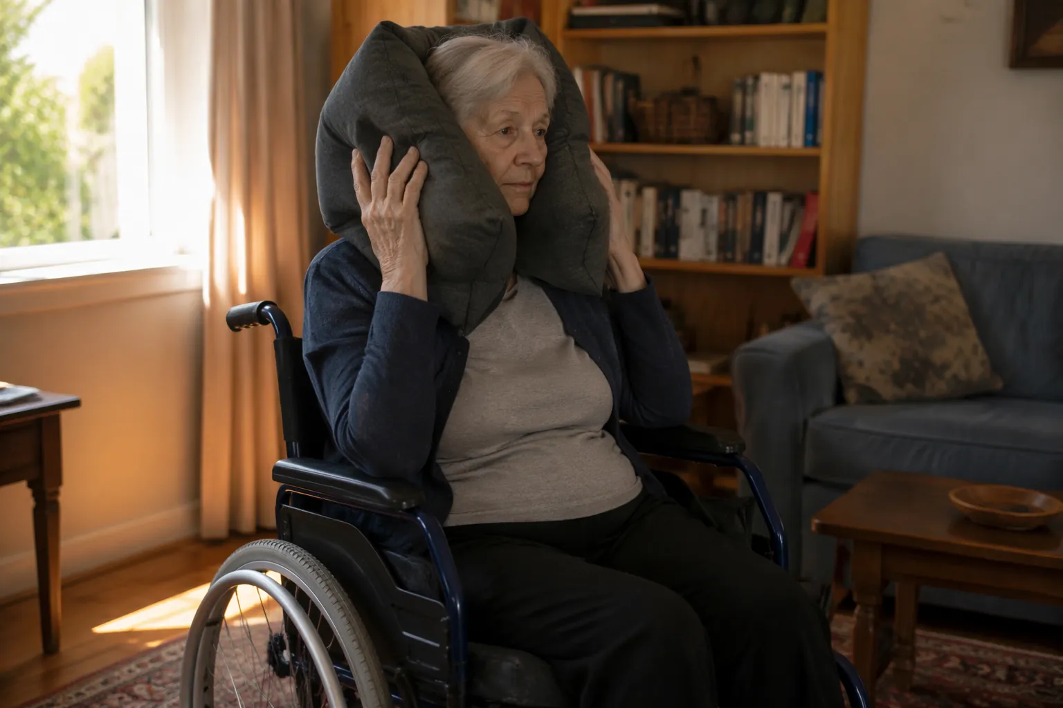 Senior woman in a wheelchair holding a pillow near her head and neck in an adapted earthquake safety posture