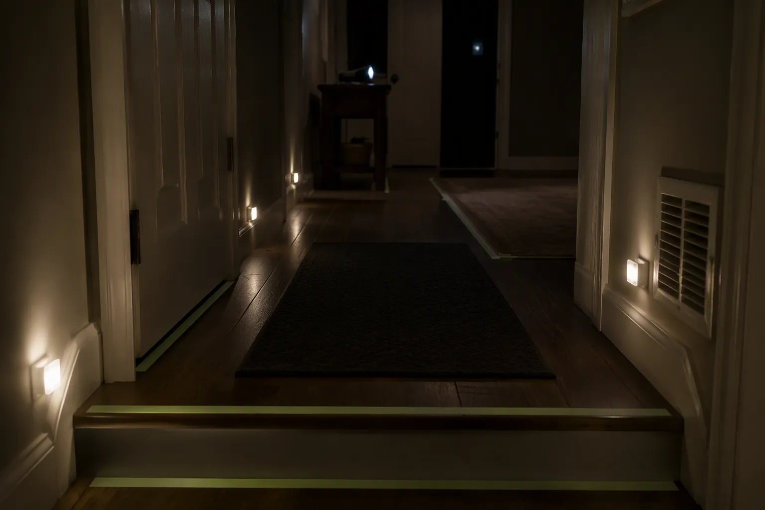 Prepared hallway with motion-sensor nightlights, glow tape on edges, a flashlight, and secured non-slip floor surfaces
