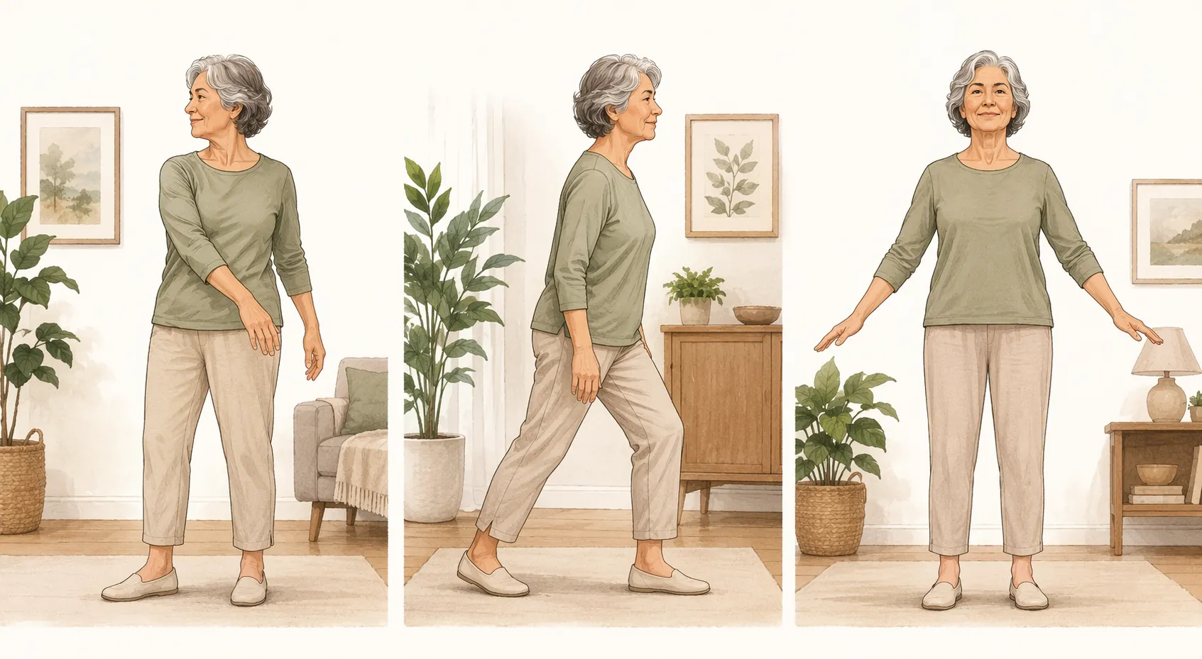 Older adult demonstrating gentle trunk rotation, foot-to-foot weight shift, and upright postural engagement at home