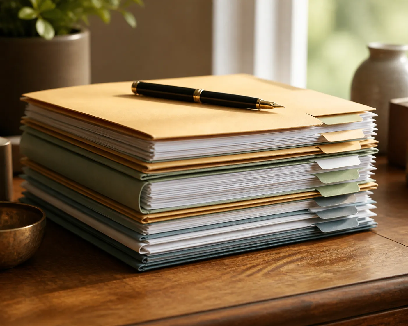 A tidy stack of planning documents and folders on a wooden desk with a pen on top