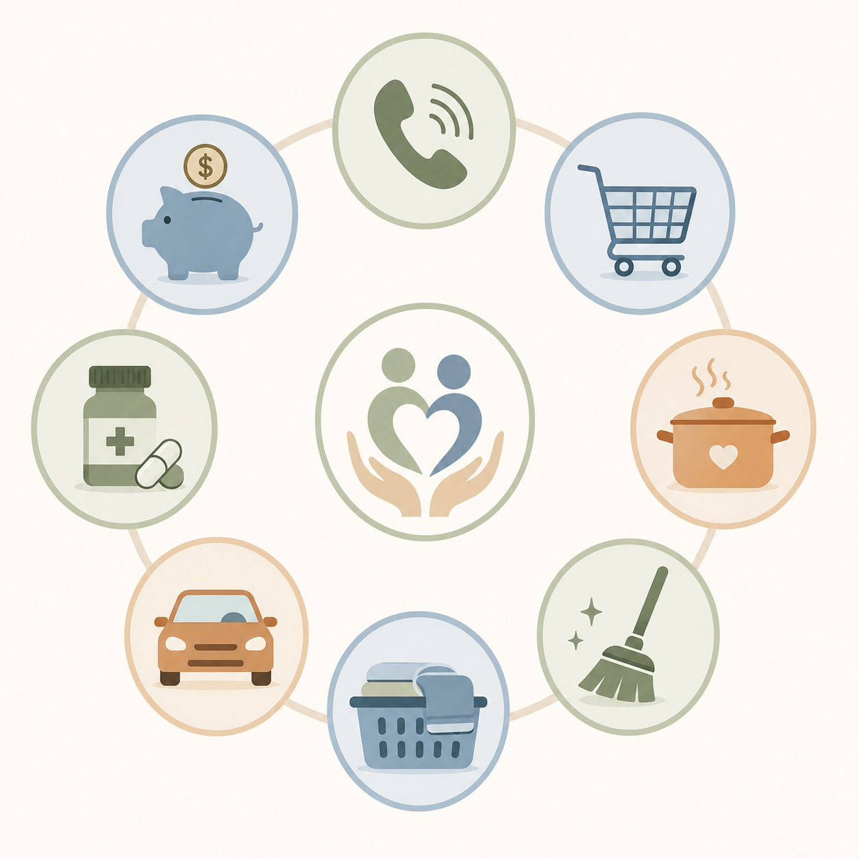 Circular graphic showing the eight IADL domains: telephone, shopping, food preparation, housekeeping, laundry, transportation, medication management, and finances