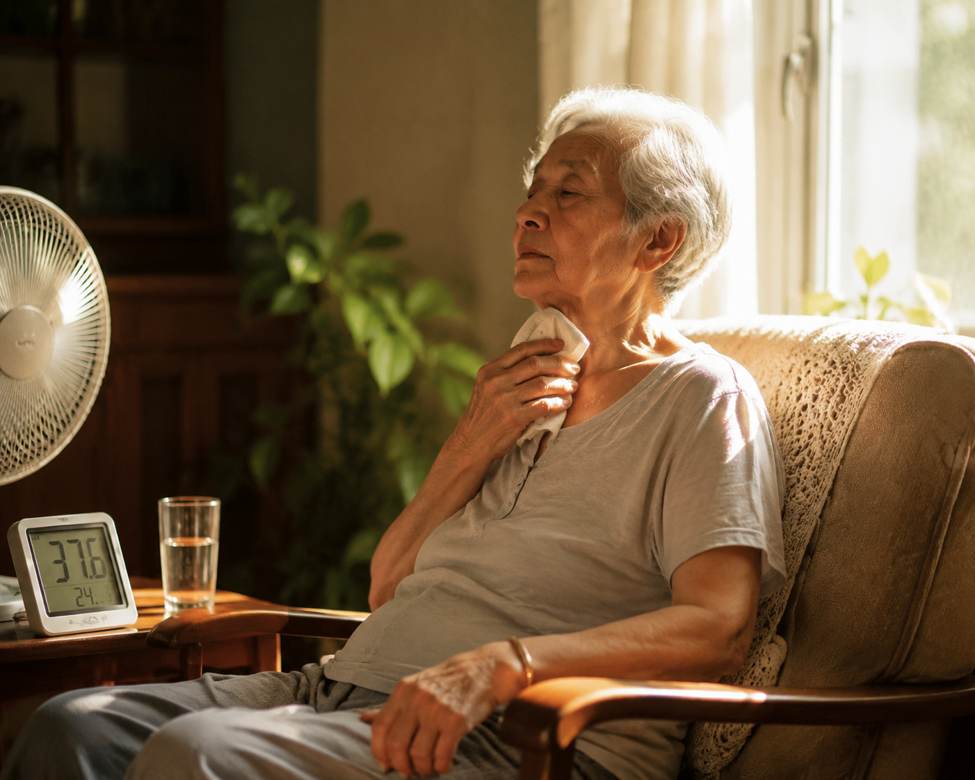 An elderly person sits in a sunlit living room near a thermometer, a glass of water, and a small fan.