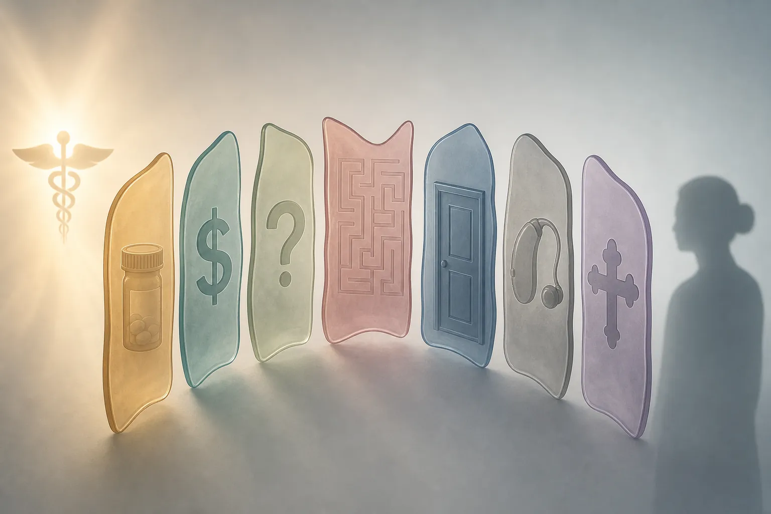 Seven translucent barrier shapes representing distinct causes of medical non-adherence