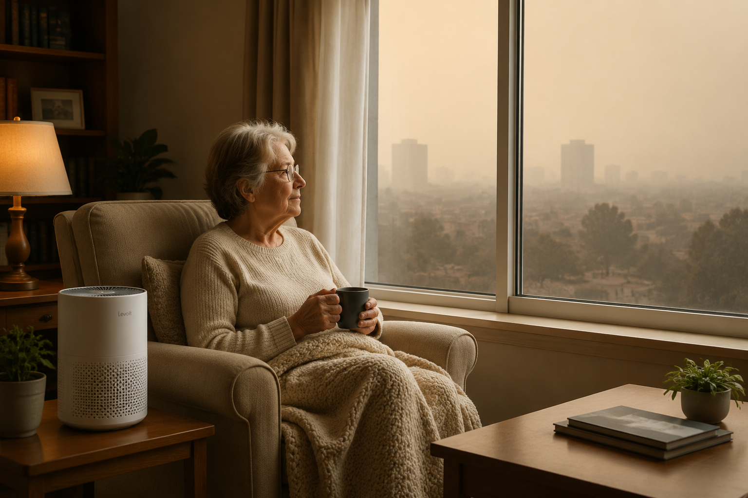 Older adult sitting indoors near a window with hazy outdoor air and an air purifier nearby