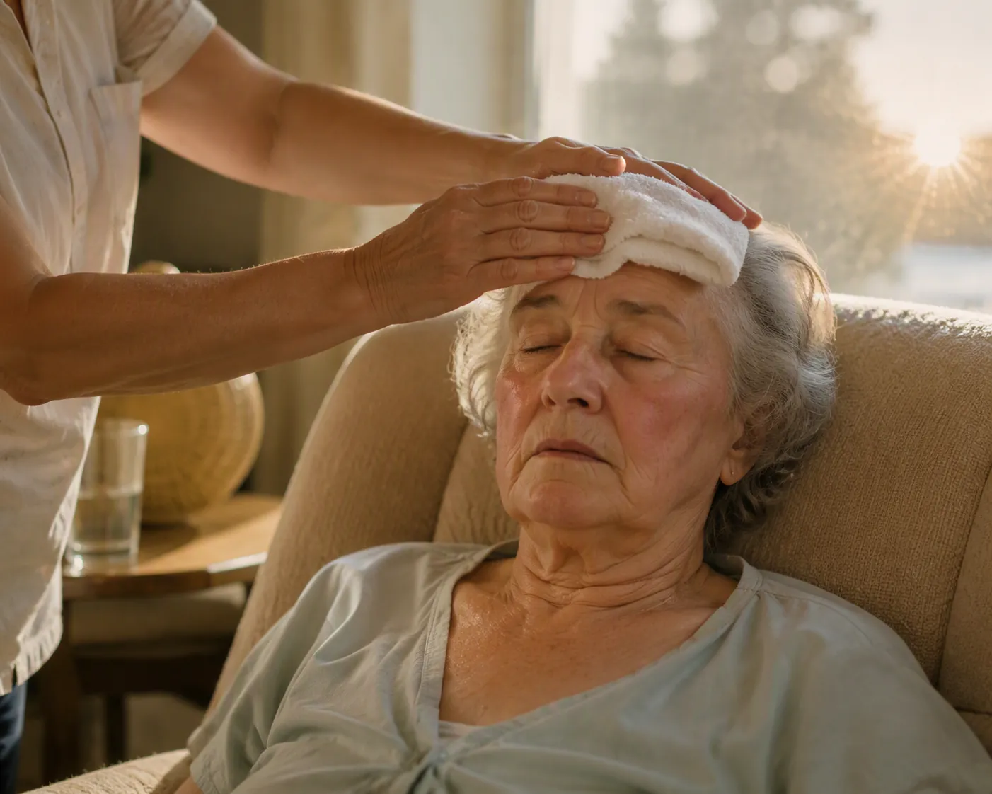 Caregiver placing a cool damp cloth on the forehead of an older adult resting in a warm room