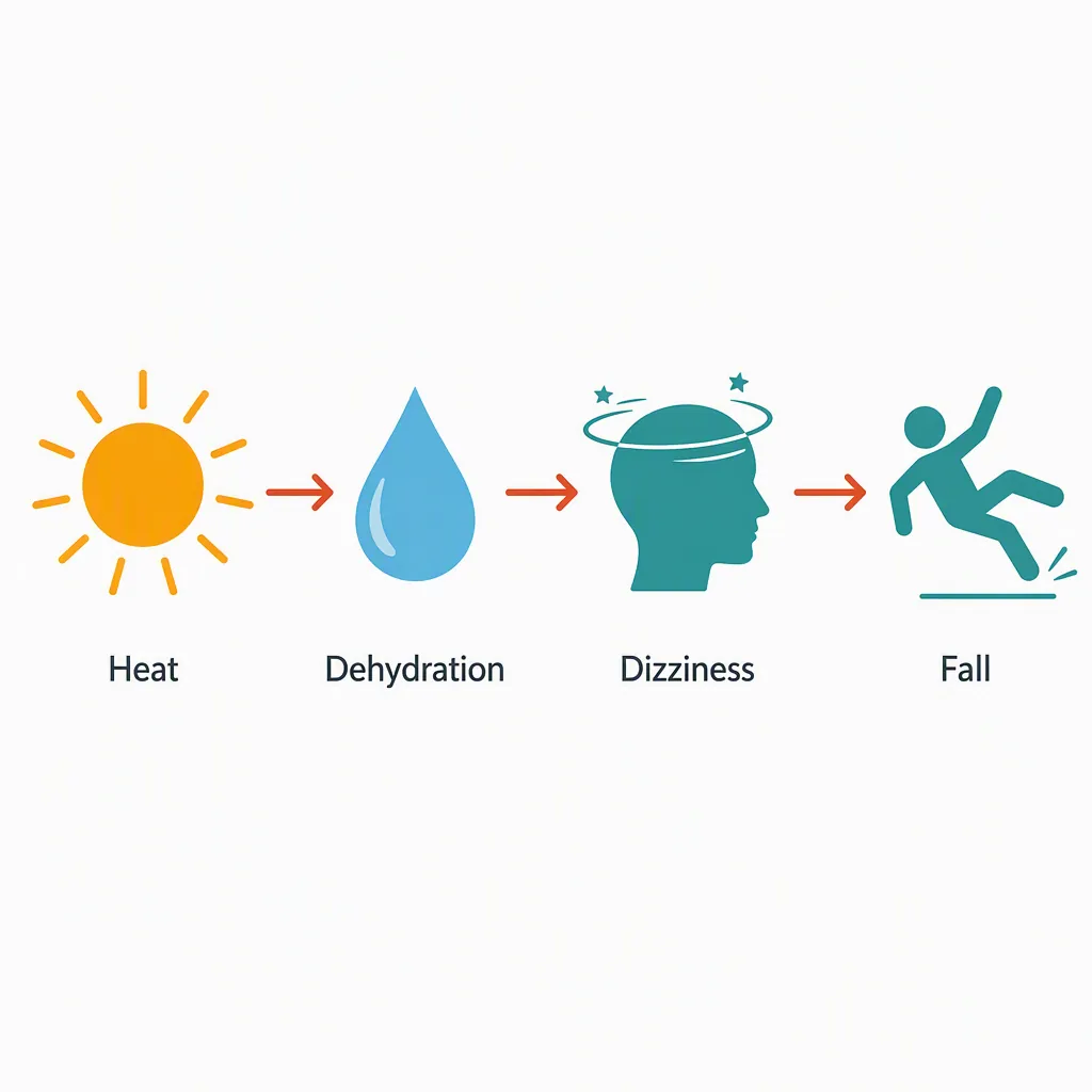 Diagram showing Heat, Dehydration, Dizziness, and Fall connected by arrows