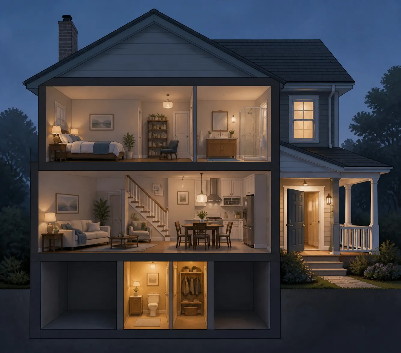 House cross-section showing a small interior windowless room on the lowest floor as the shelter location