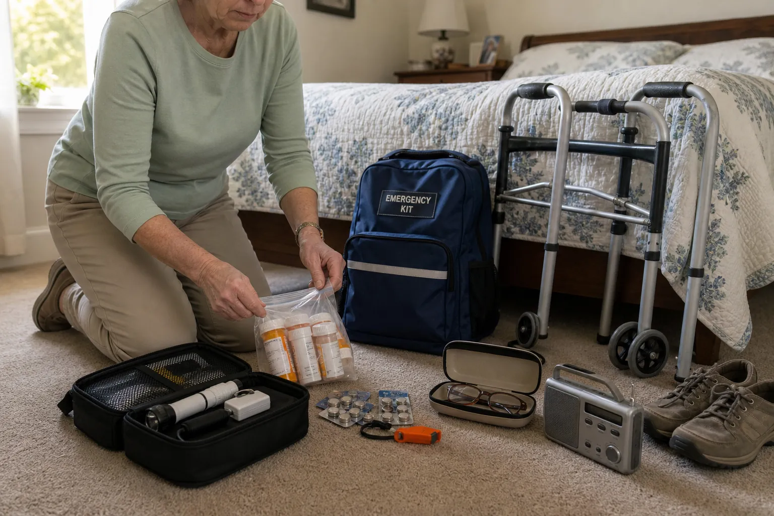 Older woman arranging a senior-specific earthquake kit with medications, walker repair tools, flashlight, whistle, radio, hearing aid batteries, glasses, and sturdy shoes