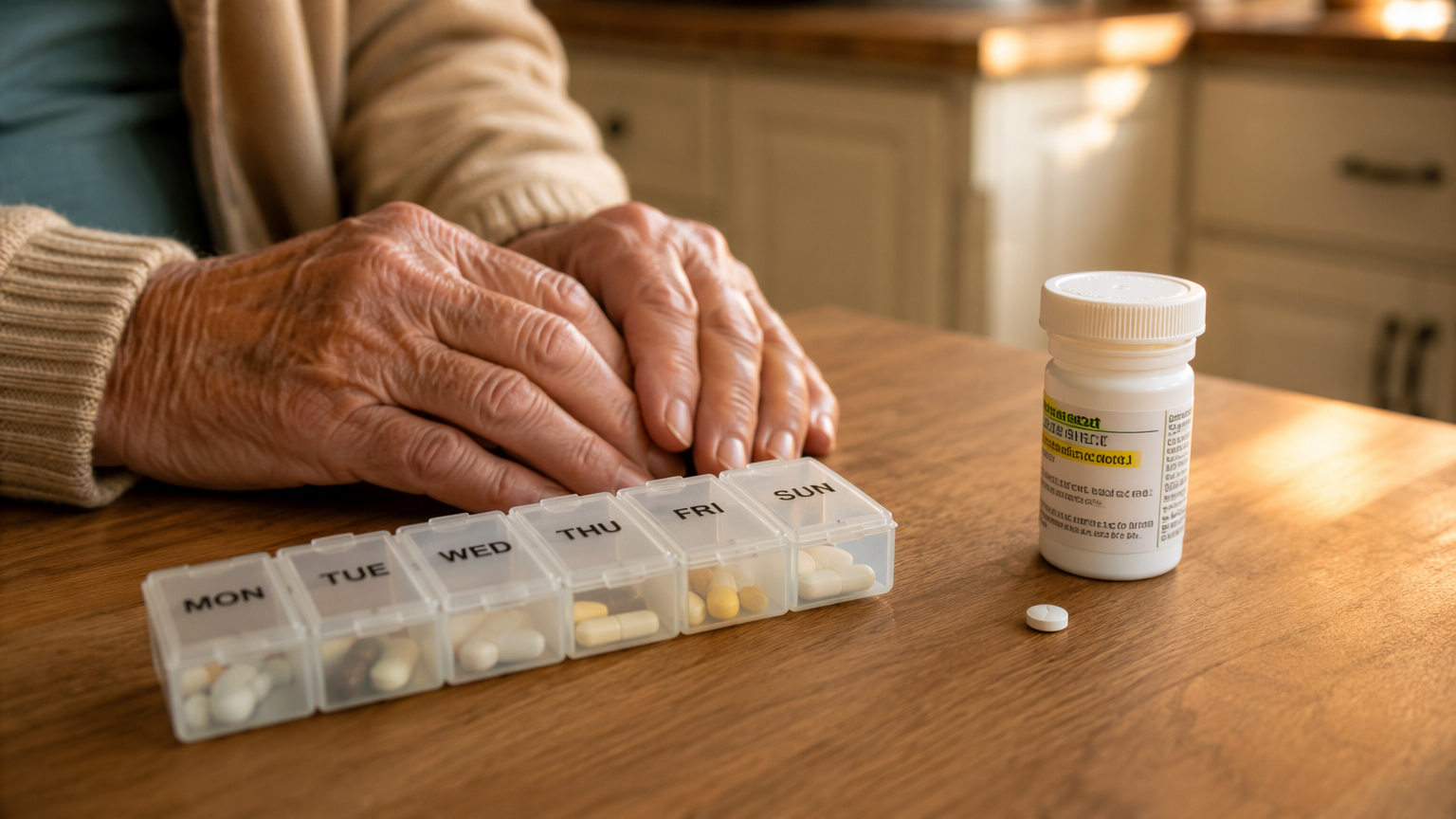 Elderly person’s hands near a weekly pill organizer and pharmacy bottle on a kitchen counter
