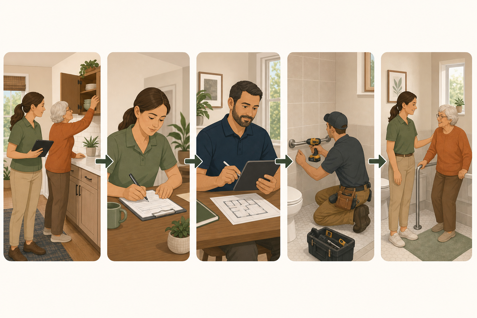 A five-step sequential workflow illustration showing an OT evaluating an older adult reaching a cabinet, then writing recommendations, then a CAPS professional reviewing the OT's recommendations on a tablet, then a contractor installing a grab bar in a bathroom, and finally the OT returning for a follow-up visit with the older adult using the modified home.