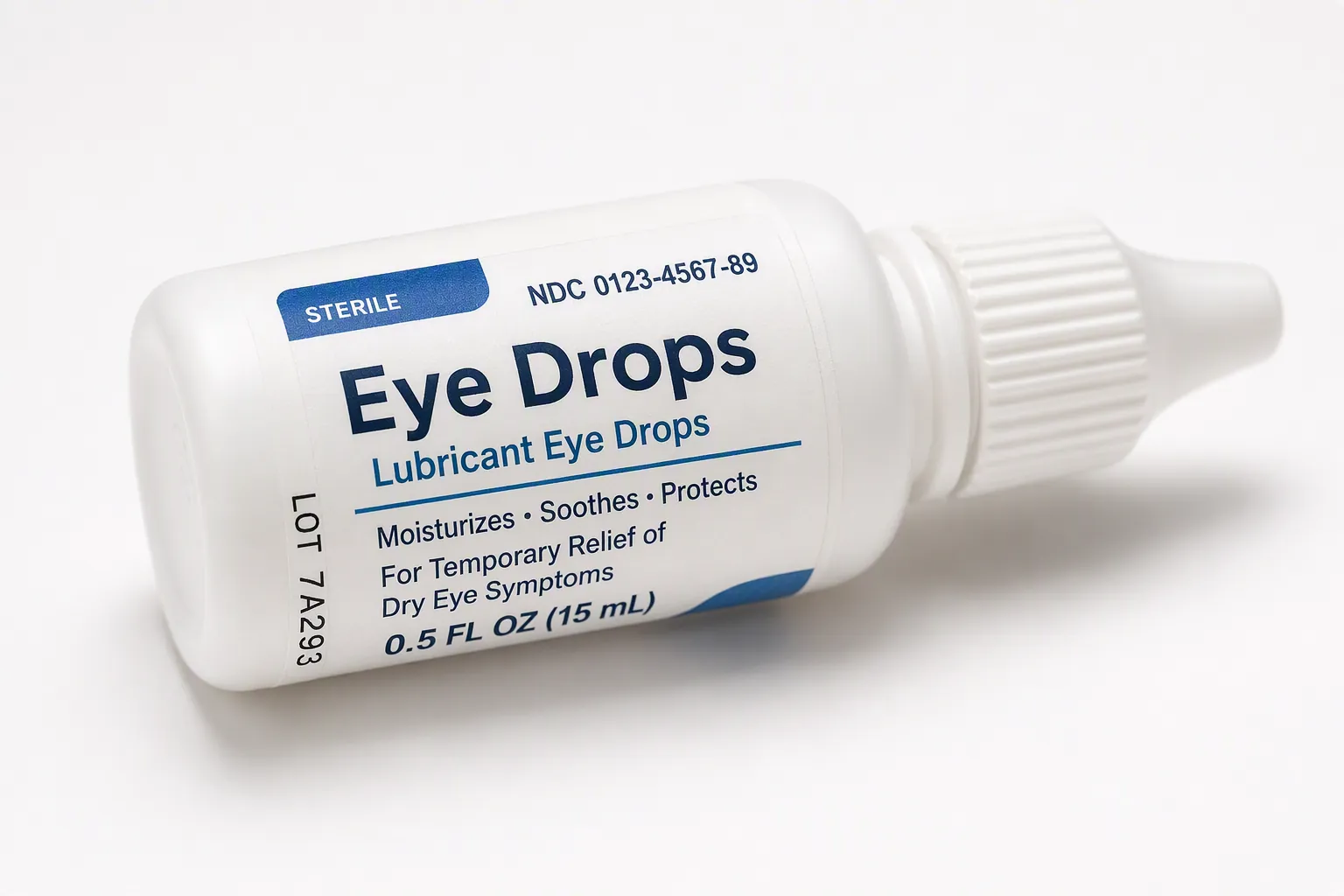 Close-up of a generic eye drop bottle label showing a sample lot number and NDC in tiny print
