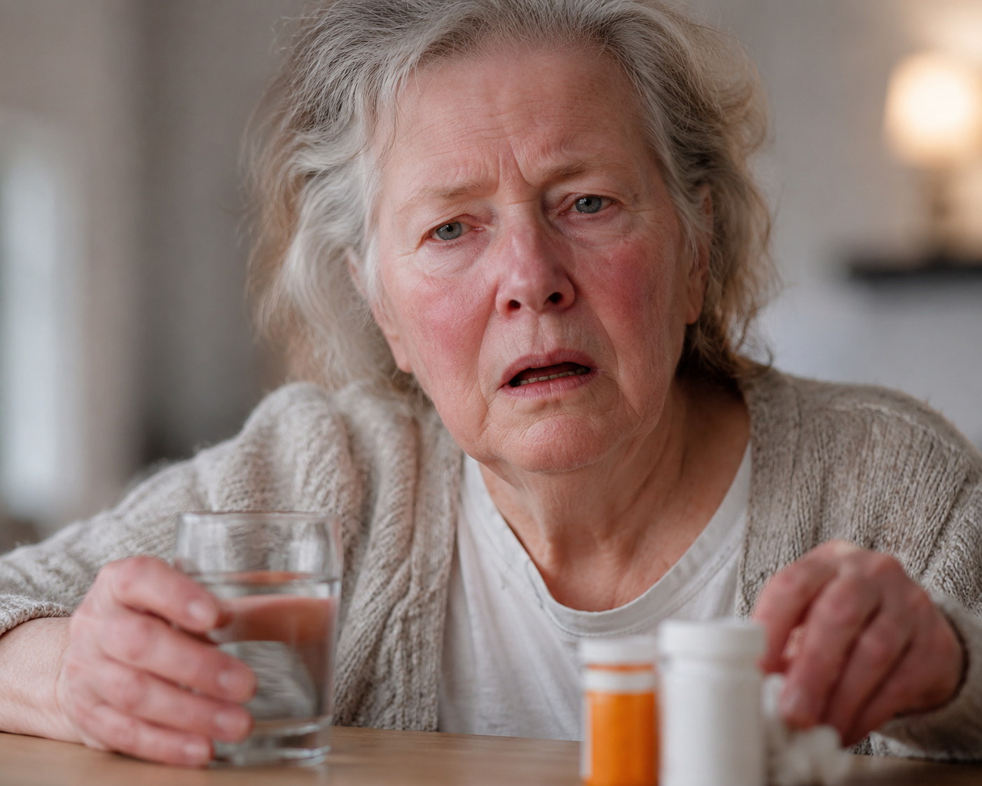 A close-up of an older adult with flushed skin, a glassy-eyed confused expression, and dry lips holding a water glass.