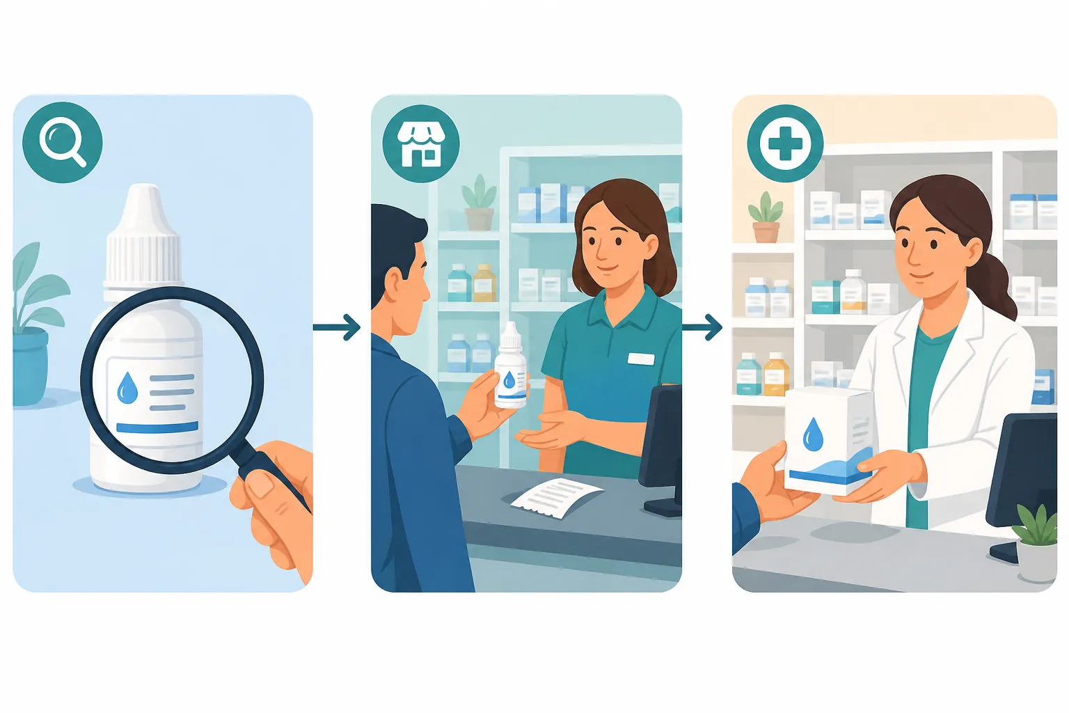 Three-step illustration showing label verification, a recalled eye drop return at a store counter, and a pharmacist providing a replacement product