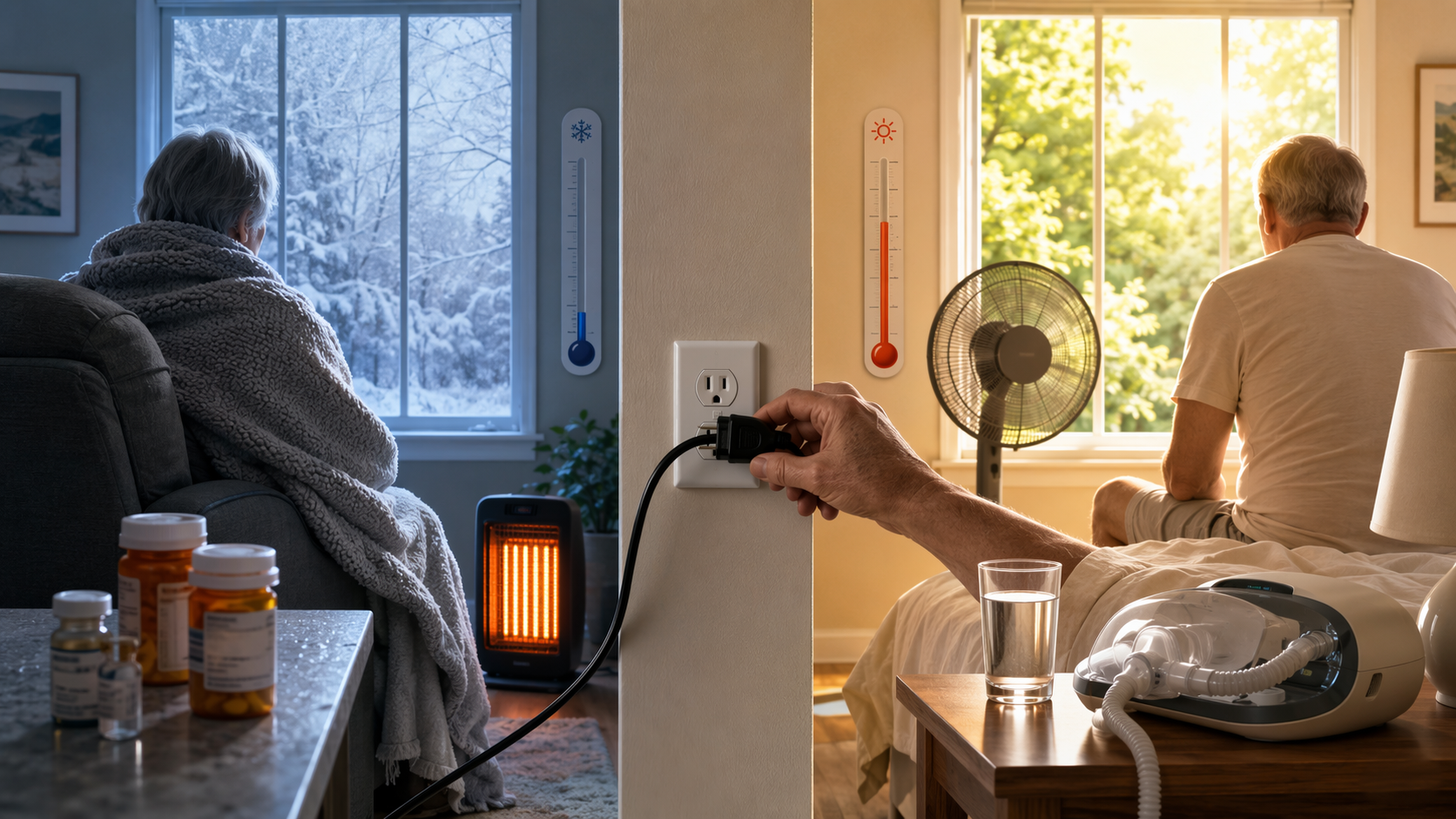 Split winter and summer outage scene showing cold-room and heat-failure risks for an older adult.