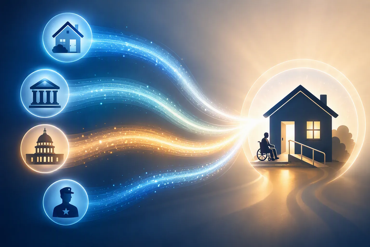Funding streams from housing, government, state, and veterans programs flowing toward an accessible home