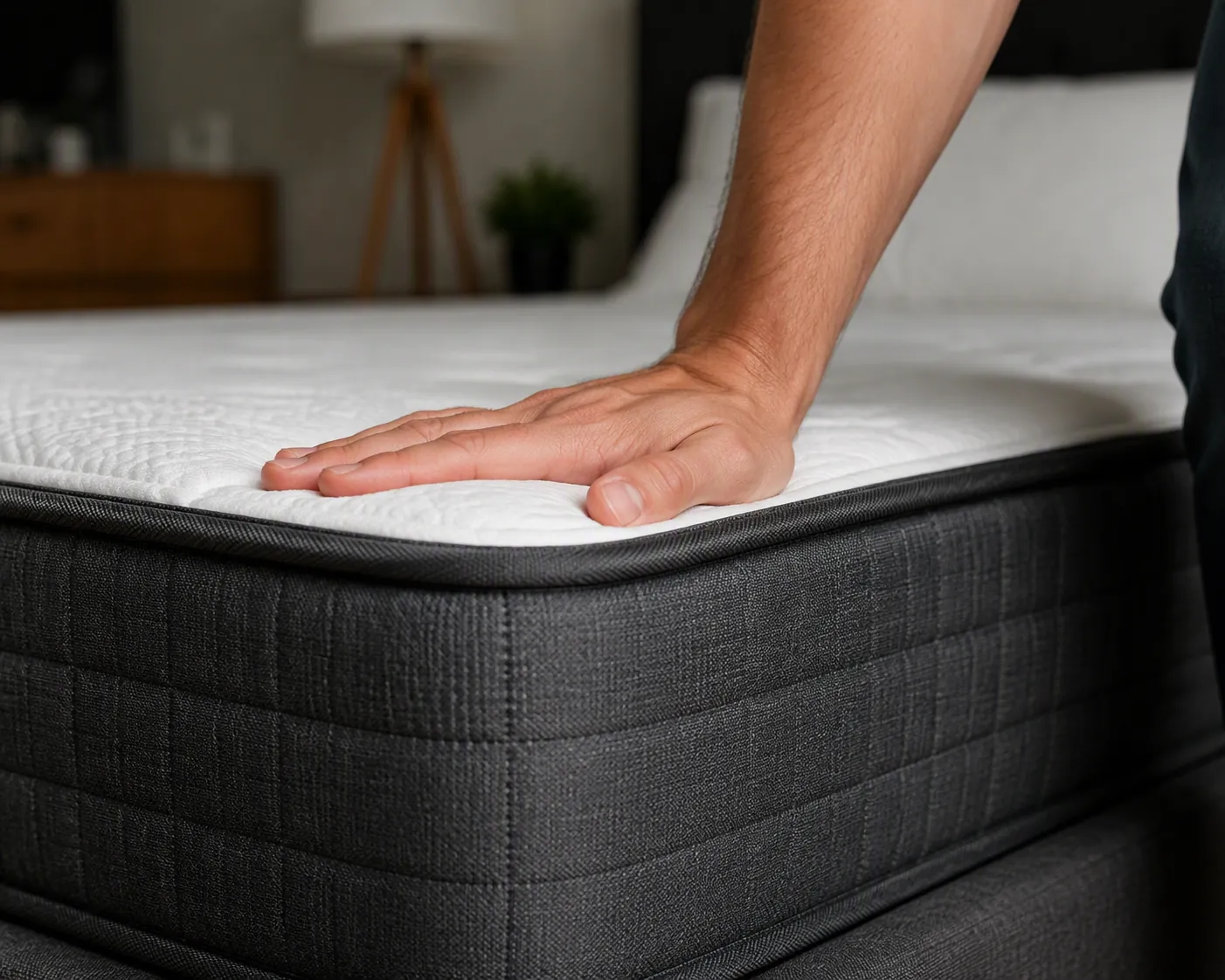 Hand pressing down on a mattress edge that holds its shape without sagging