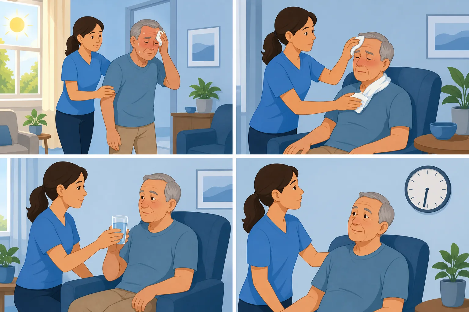 Four-step illustration of moving an overheated older adult to a cooler room, cooling with a cloth, offering water, and checking the clock.