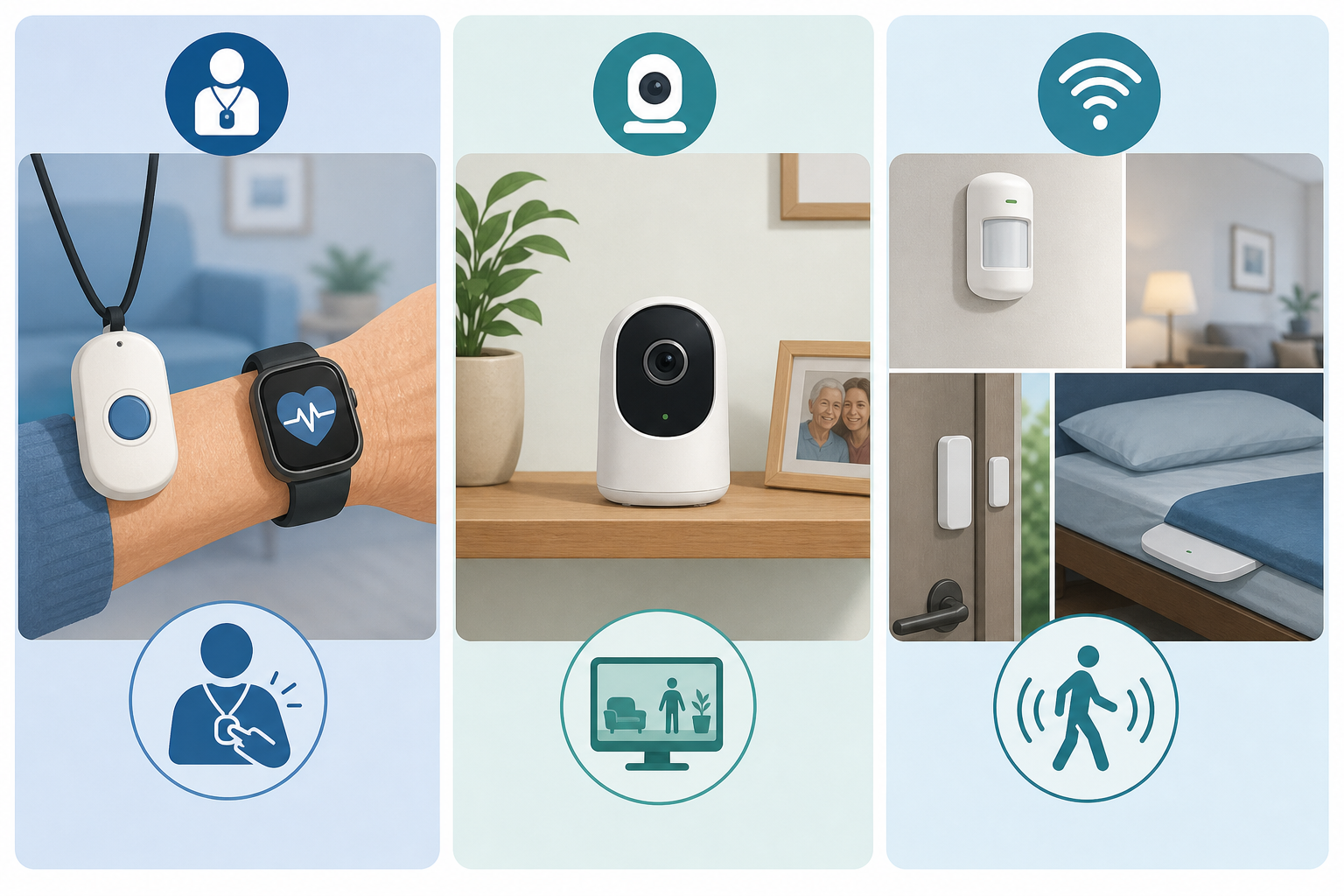 An infographic-style illustration showing three monitoring technology approaches: a medical alert pendant and smartwatch for active/wearable, an indoor camera for camera-based, and wall motion sensors, a door sensor, and a bed sensor for passive sensor monitoring.