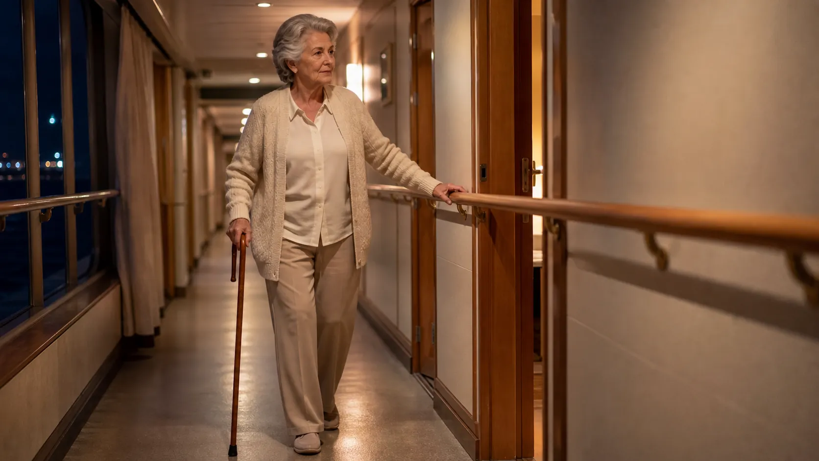 Older woman with a cane walking along a cruise ship corridor at night while using a wall handrail