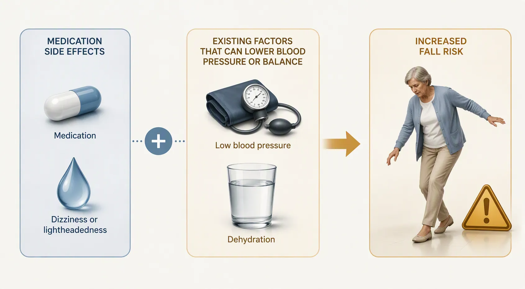 Medical illustration linking a pill, blood pressure cuff, water glass, and off-balance person with a warning symbol