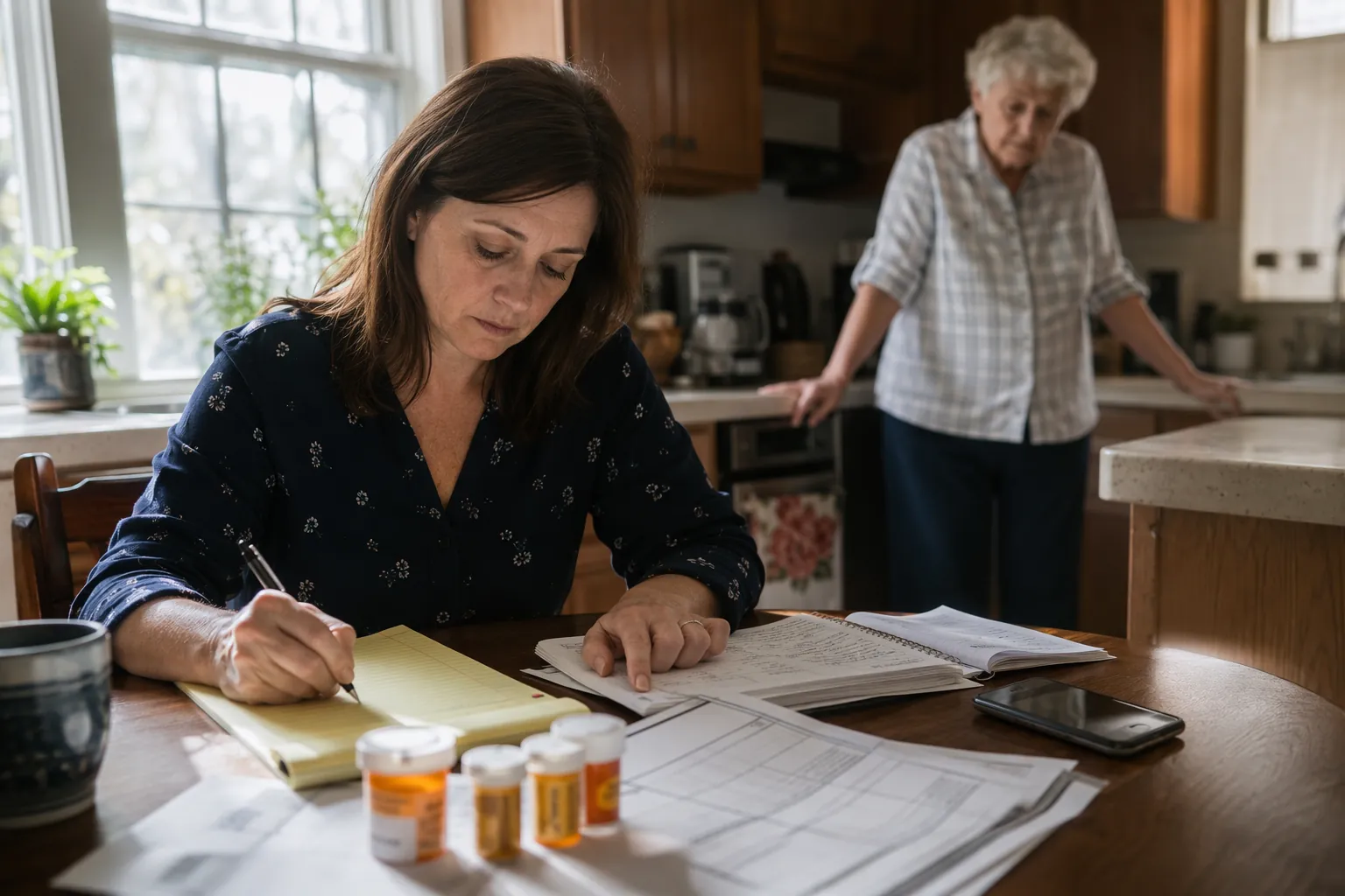Adult child organizing pill bottles, appointment papers, and notes while an elderly parent stands nearby holding the counter
