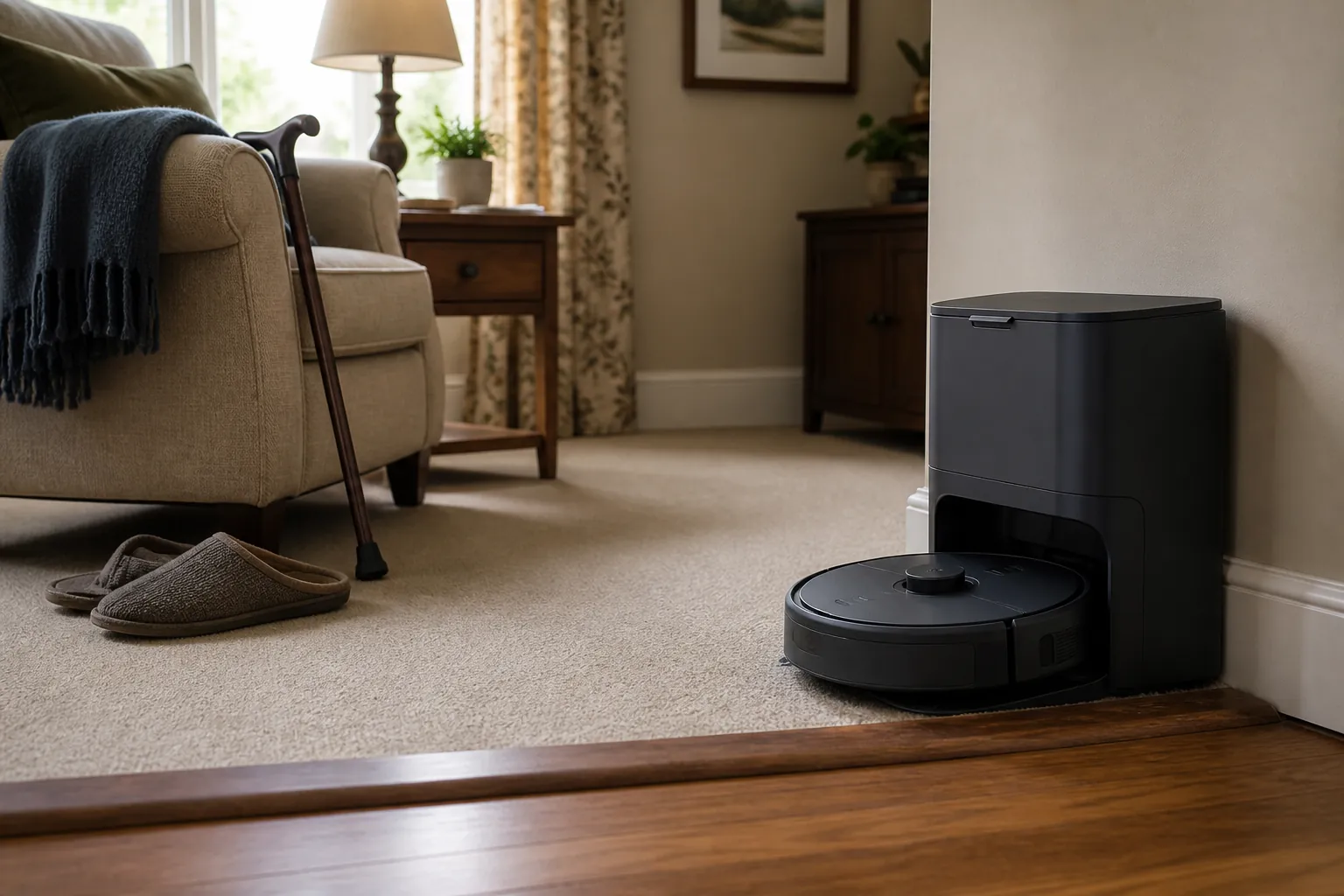 Robot vacuum and self-emptying dock near a low threshold in a senior-friendly living room