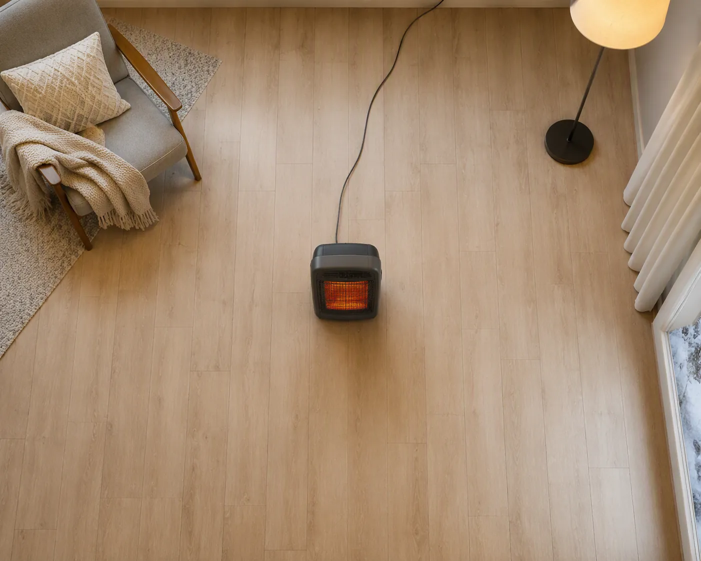 A space heater on a living room floor with a wide empty clearance zone around it