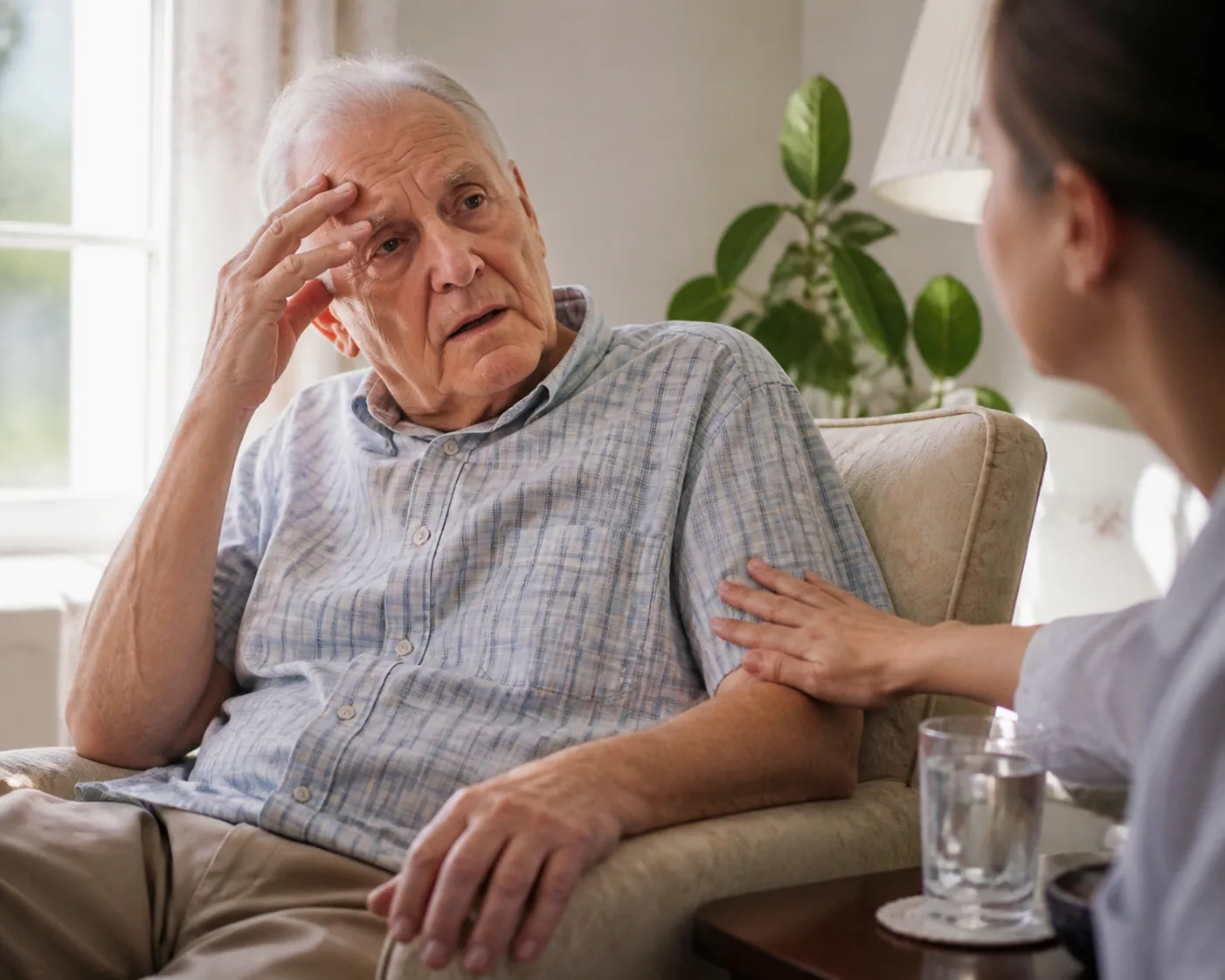 An older man looks fatigued at home while a caregiver checks on him near a glass of water
