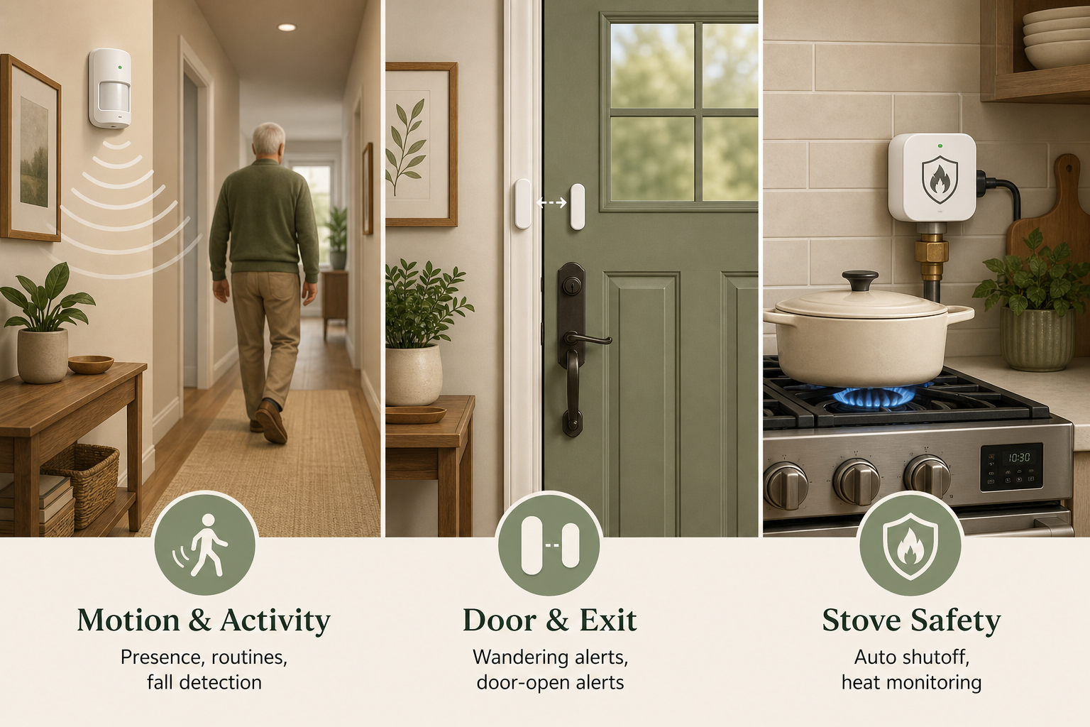 A triptych editorial illustration showing three sensor layers: left panel shows a hallway with a PIR motion sensor detecting motion waves, center panel shows a front door with a magnetic contact sensor, right panel shows a kitchen stove with a safety shutoff device and flame shield icon. Warm earth tones with clean illustrative style.