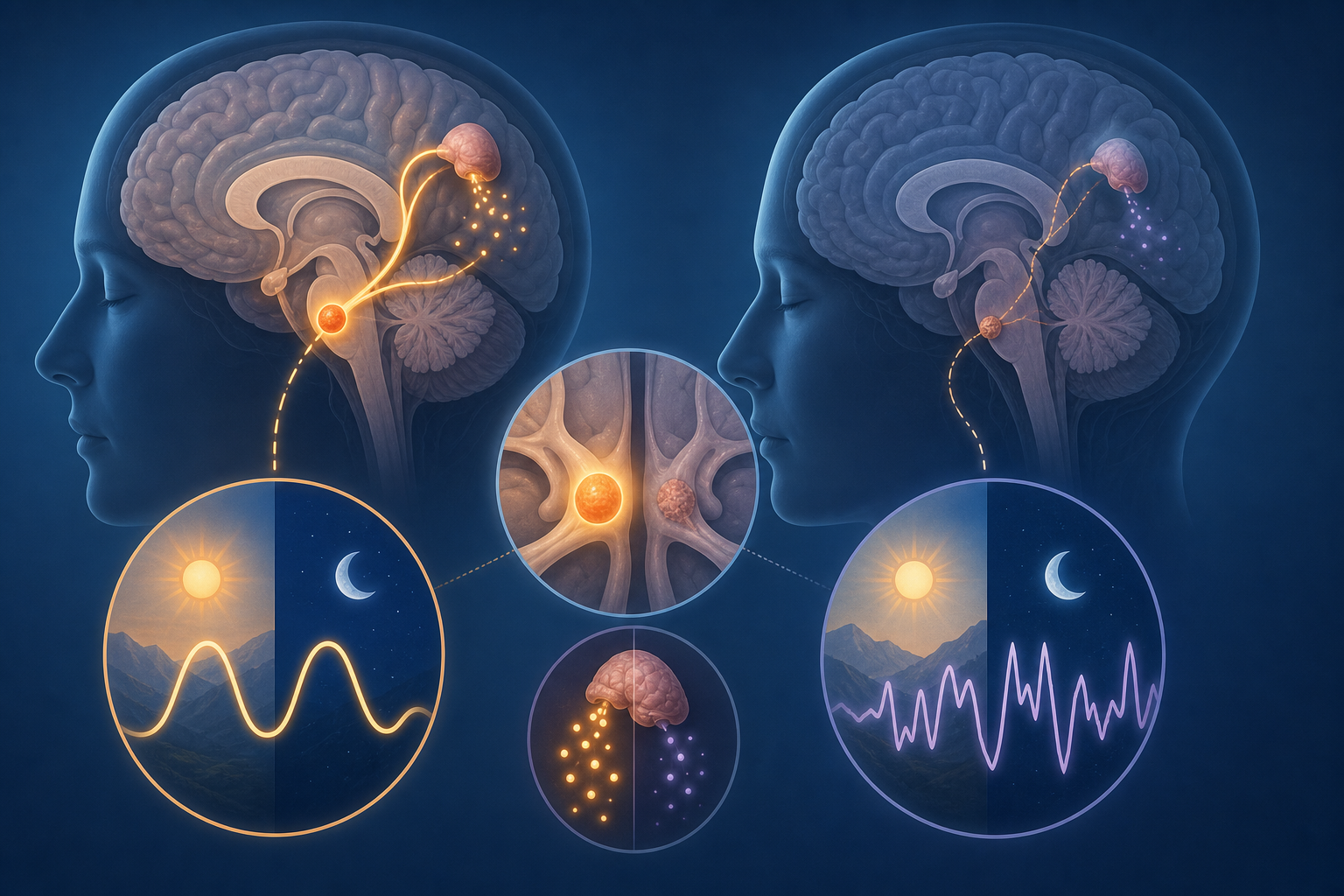 A simplified brain cross-section diagram with the suprachiasmatic nucleus highlighted in glowing orange above the optic chiasm, with pathways branching to the pineal gland. One side shows a healthy SCN with balanced day/night rhythm waves; the other side shows a degenerated SCN with disrupted, erratic rhythm lines.