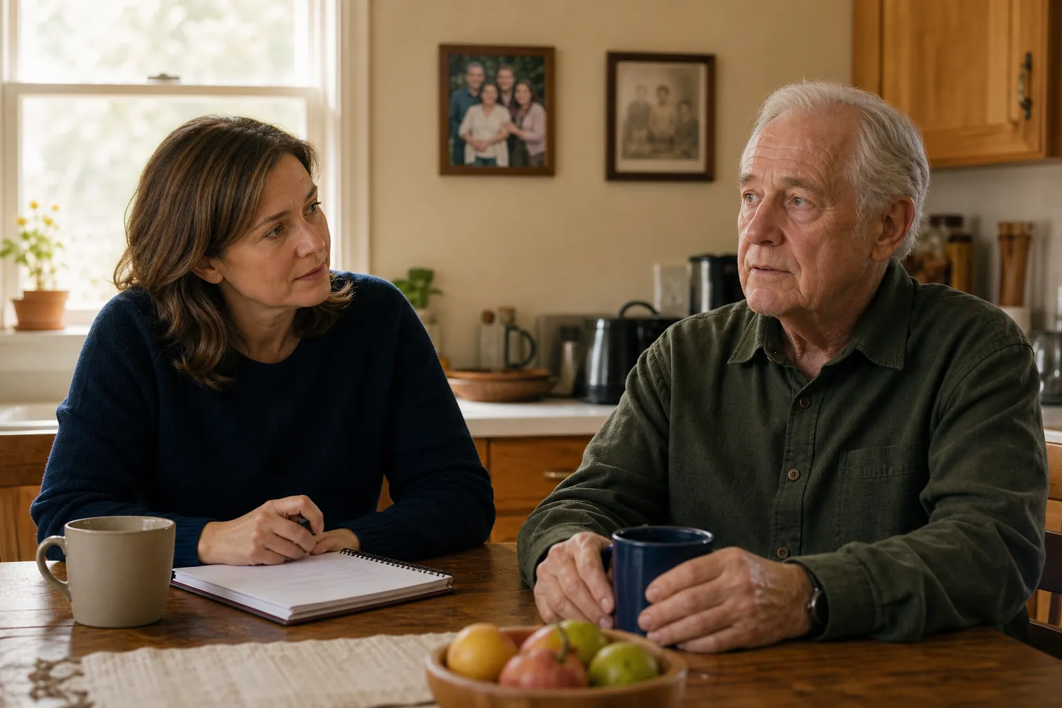 Adult daughter sitting at a kitchen table with her elderly father while taking notes