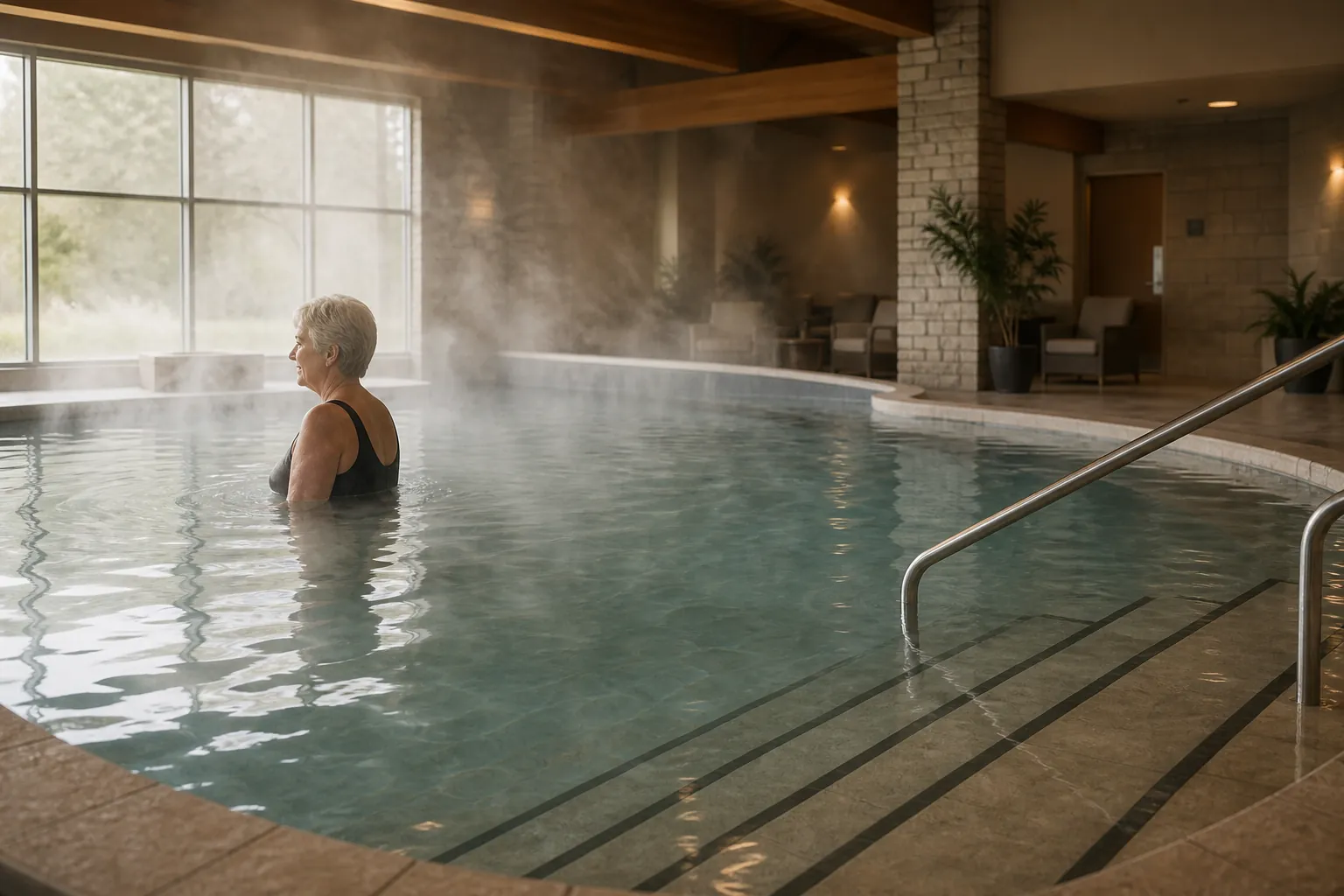 Indoor warm-water therapy pool zone with accessible steps and an older adult standing waist-deep