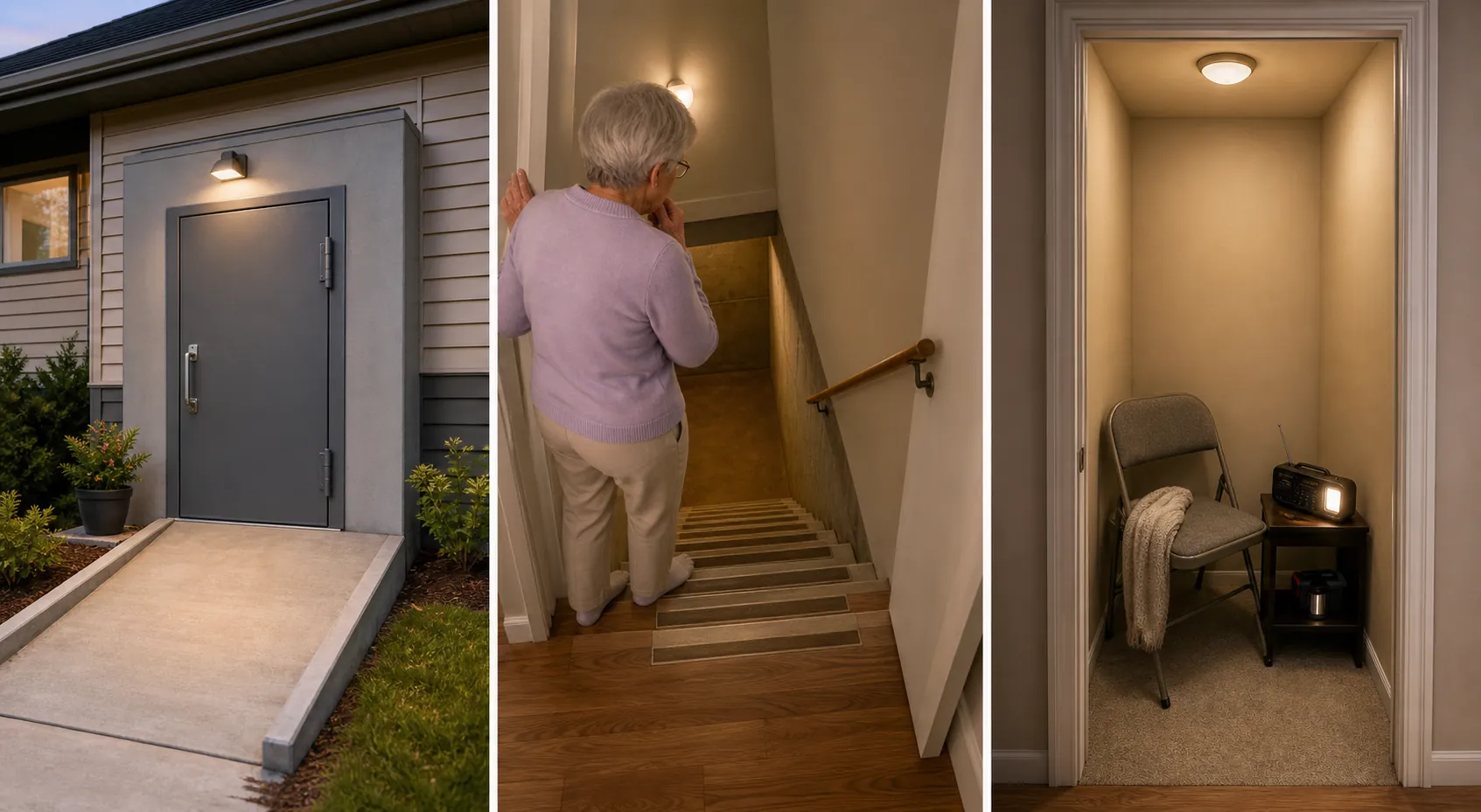 Comparison of tornado shelter options for older adults including an accessible safe room, a steep basement staircase, and a small windowless interior room