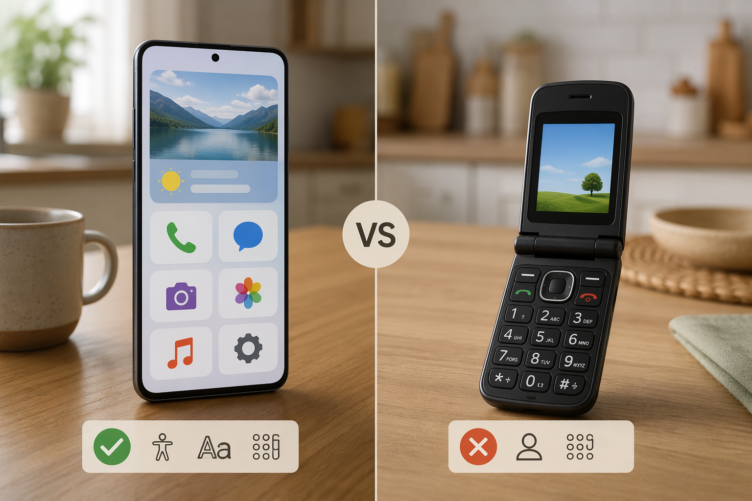 Mainstream smartphone with large accessible icons beside a senior-specific flip phone on a kitchen table