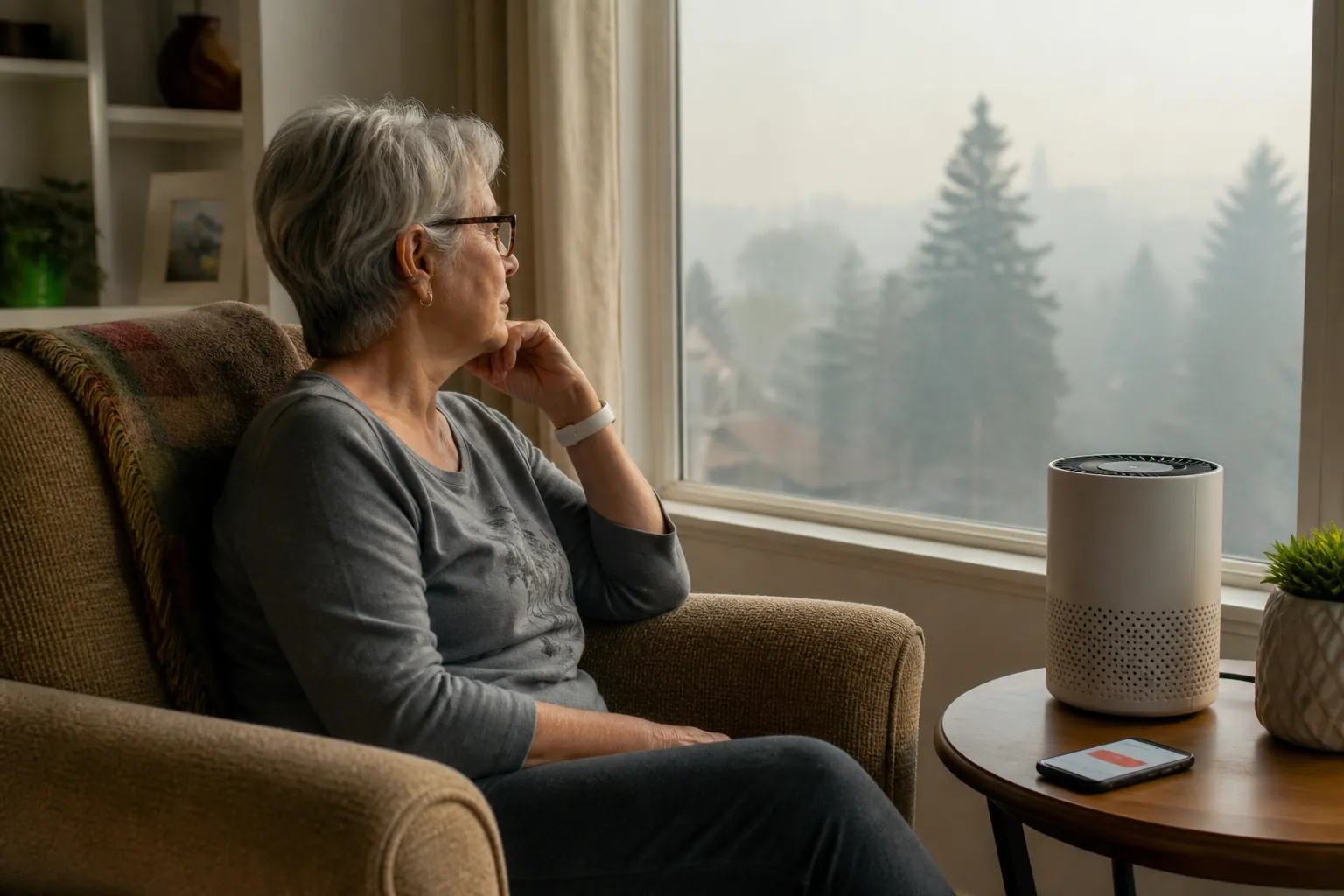 Older adult seated indoors beside a window with hazy outdoor air, a portable air purifier, and a phone alert nearby