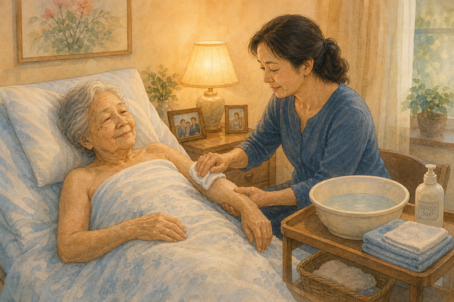 A soft digital illustration of a caregiver sitting beside a bed, gently washing an older adult's arm with a washcloth. The older adult lies comfortably under a sheet and towel. A basin of water, a washcloth, and soap are arranged on a bedside cart. Warm lamplight, beige and blue tones, calm and dignified atmosphere.
