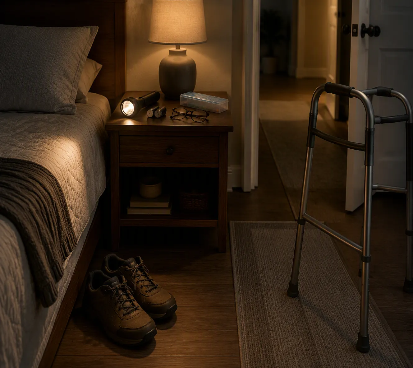 Bedside night-evacuation setup with sturdy shoes, flashlight, eyeglasses, medication organizer, walker within reach, and a clear path to the door