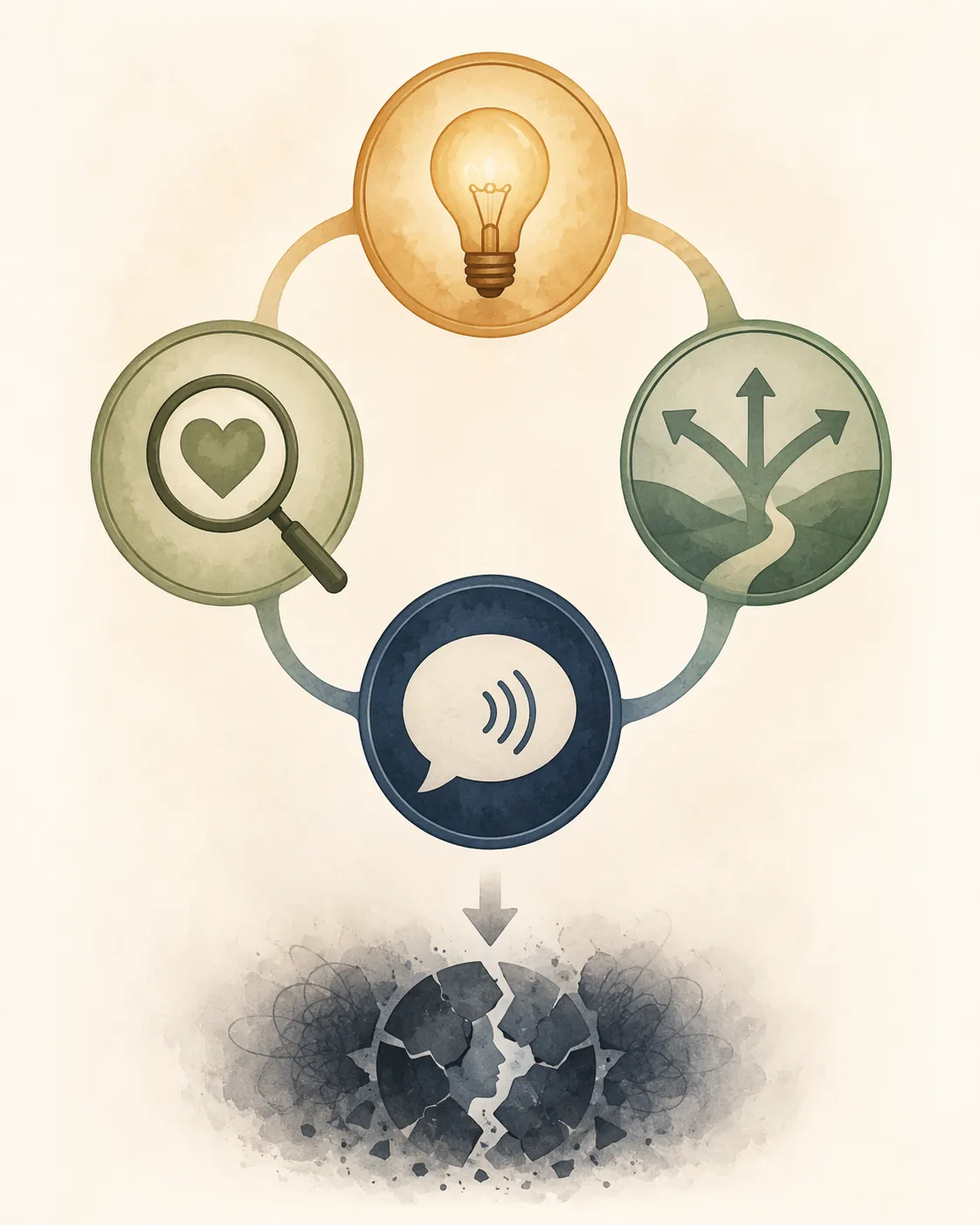 Illustration of four connected decision-making capacity elements represented by icons for understanding, appreciation, reasoning, and communication