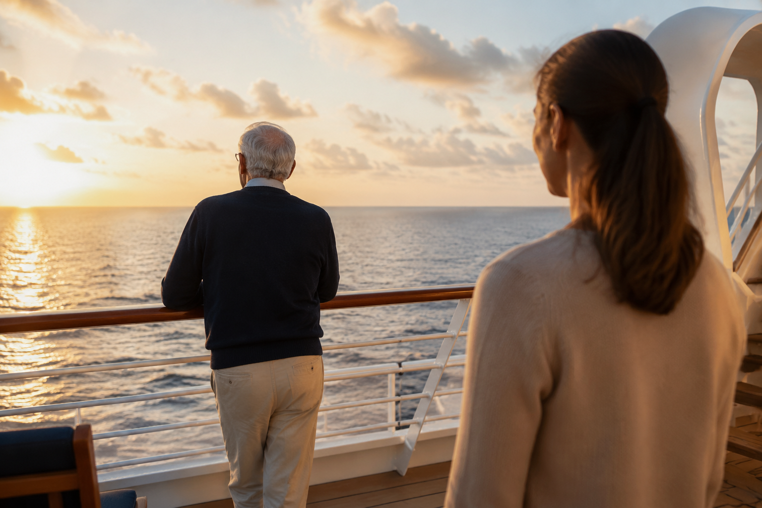 Older adult standing at a cruise ship railing while a younger woman watches nearby