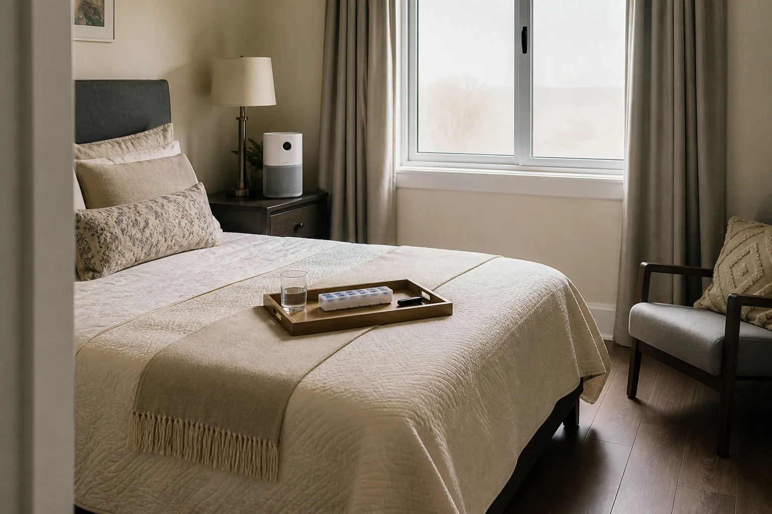 Bedroom arranged as a clean room with closed window, air purifier, medication organizer, water, and flashlight within reach