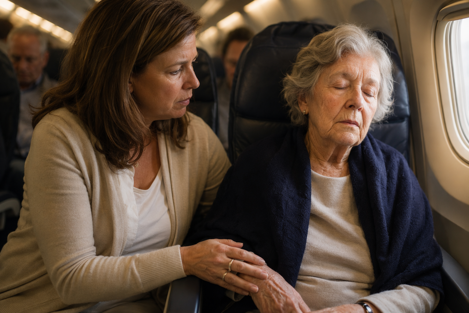 A middle-aged woman quietly checking on an elderly woman in an airplane cabin