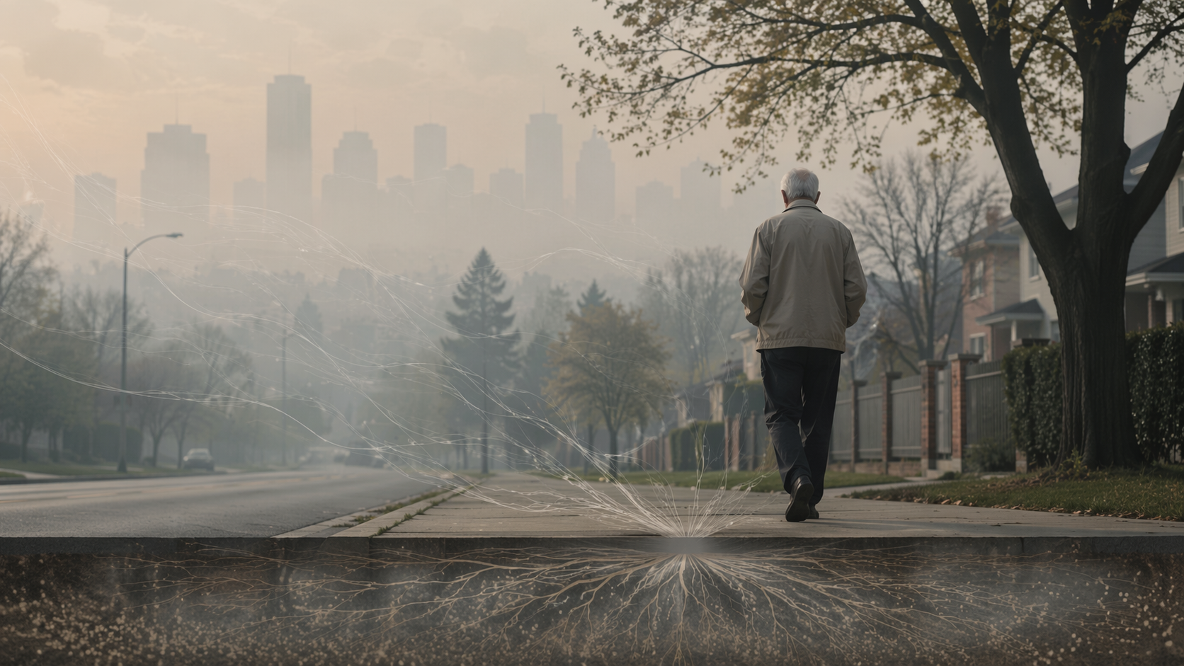 Older adult walking on a hazy residential sidewalk
