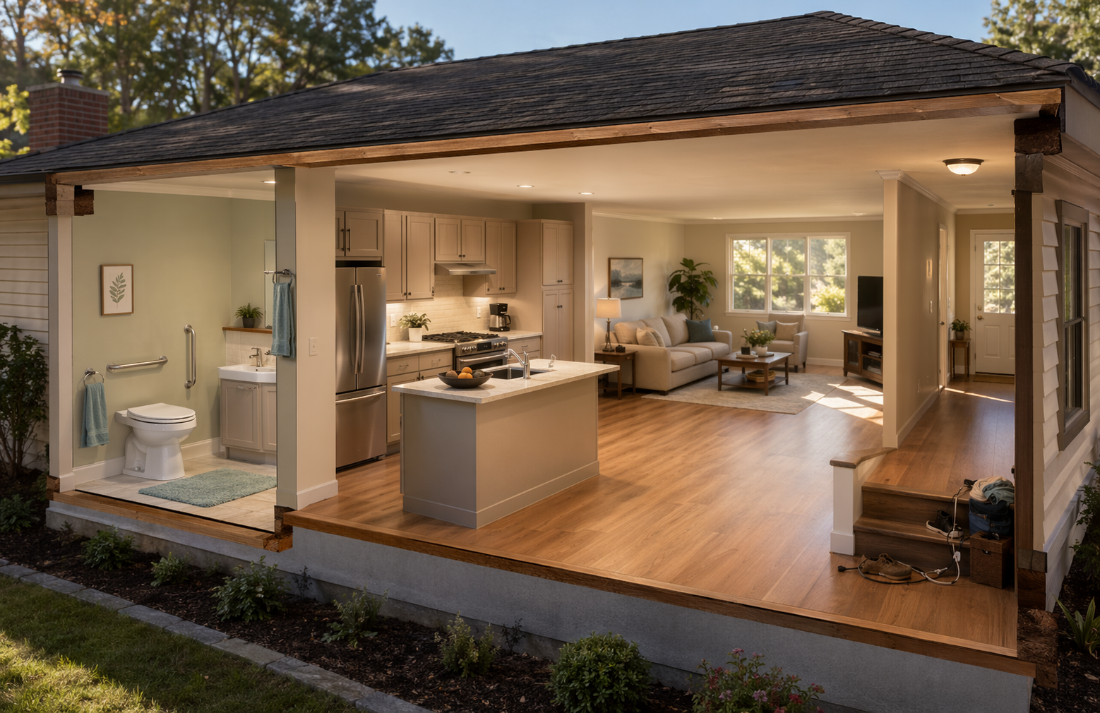 Cross-section of a single-story home showing a bathroom with grab bar and non-slip mat, a kitchen with clear counters and good lighting, a living room with clear pathways, and a hallway with a subtle hazard of a loose cord near a step.